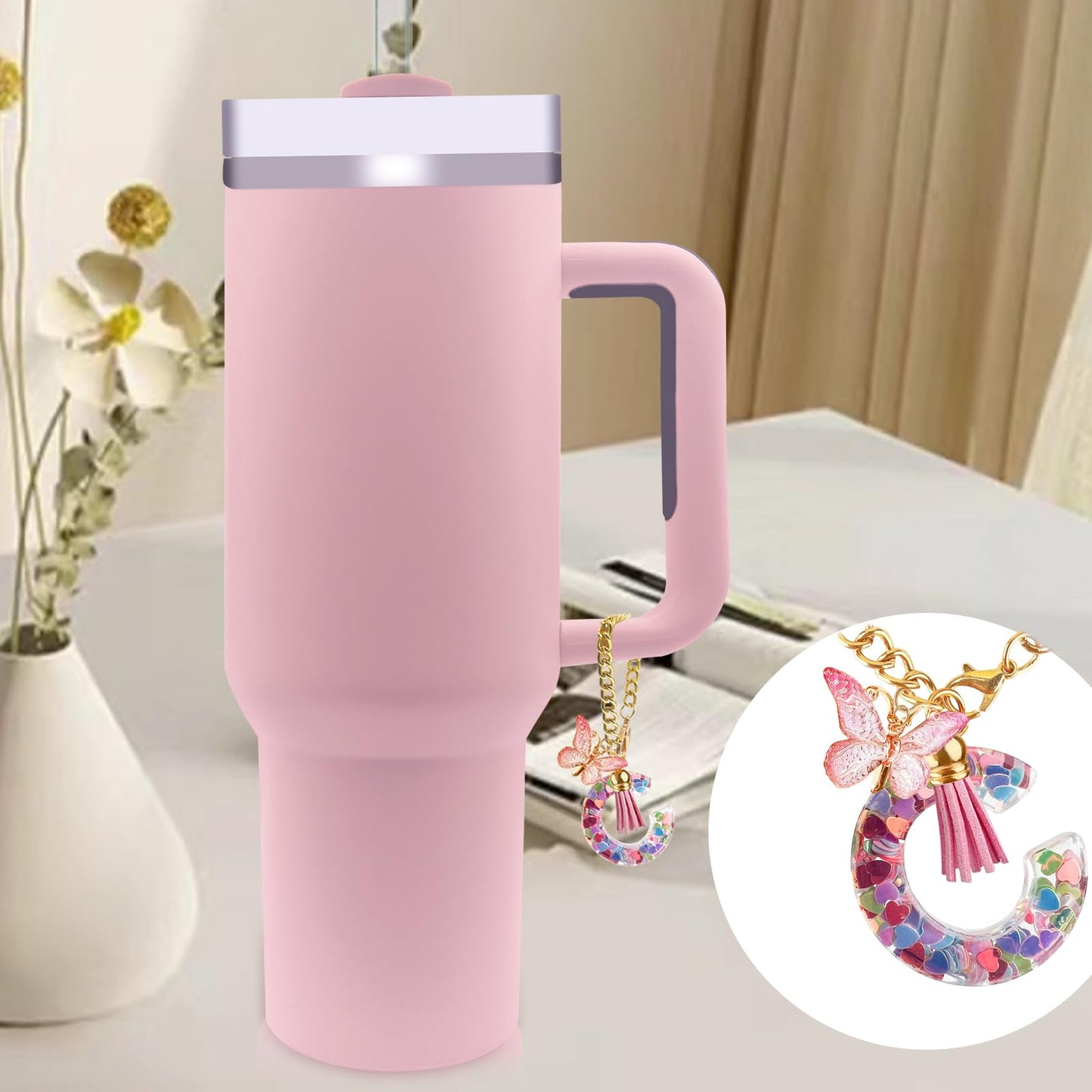 Letter Charm Accessories for Stanley Cup with Handle, Cute Initial Letter A Keychain Handle Charm with Butterfly for Stanley Tumbler for Women Girls
