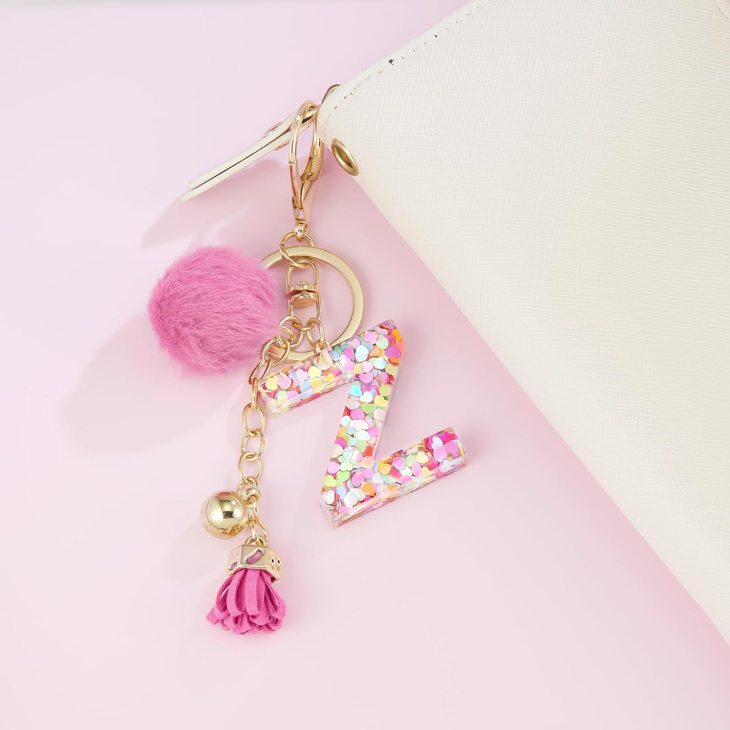 Resin Alphabet Initial Letter Keychain Keyring for Women Purse Handbags With Fur Ball Pom