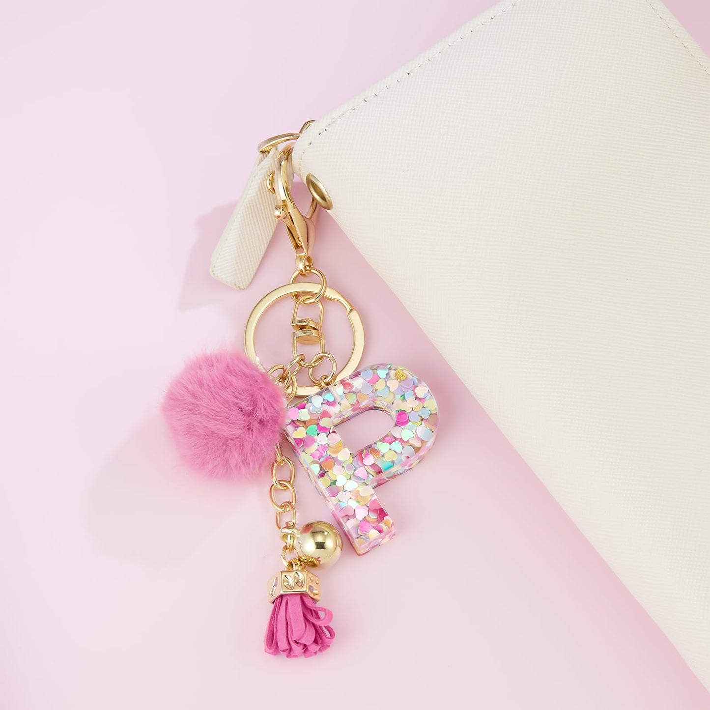 Resin Alphabet Initial Letter Keychain Keyring for Women Purse Handbags With Fur Ball Pom