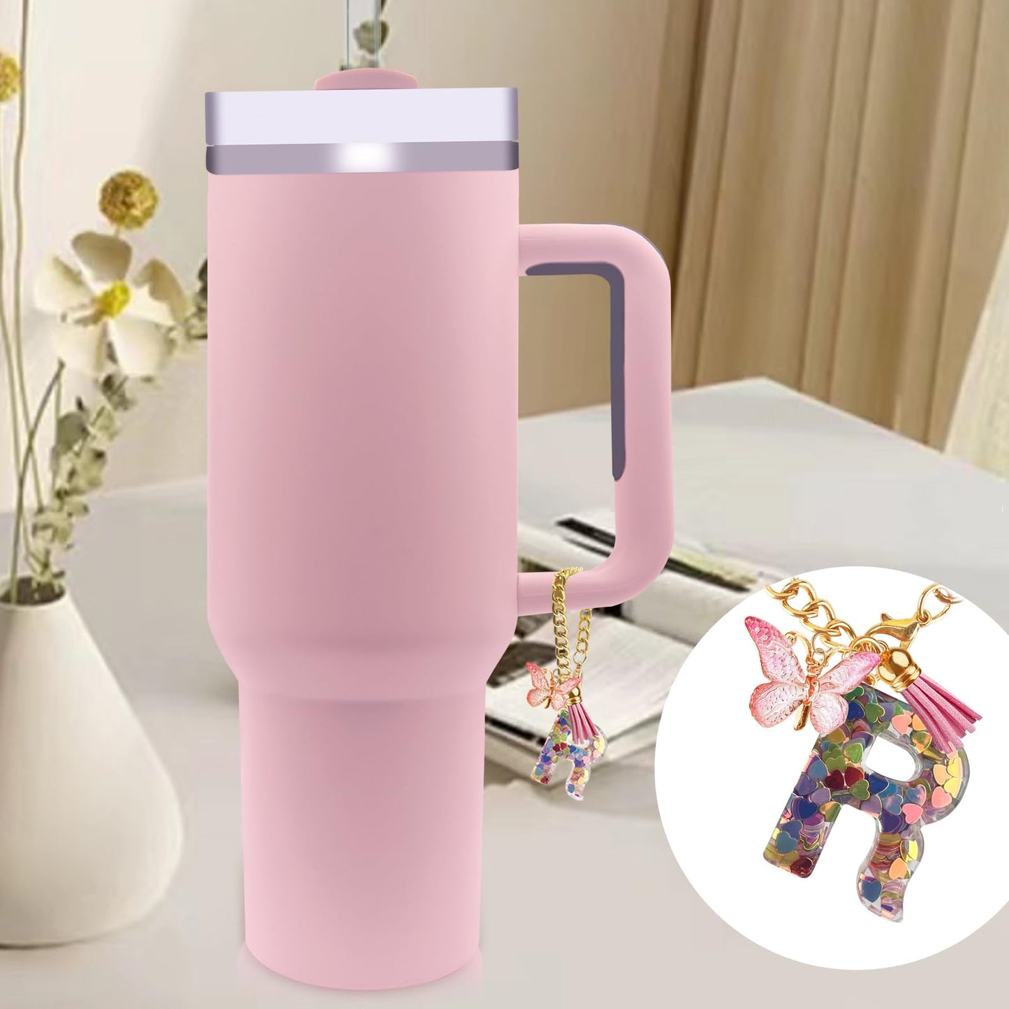 Letter Charm Accessories for Stanley Cup with Handle, Cute Initial Letter A Keychain Handle Charm with Butterfly for Stanley Tumbler for Women Girls