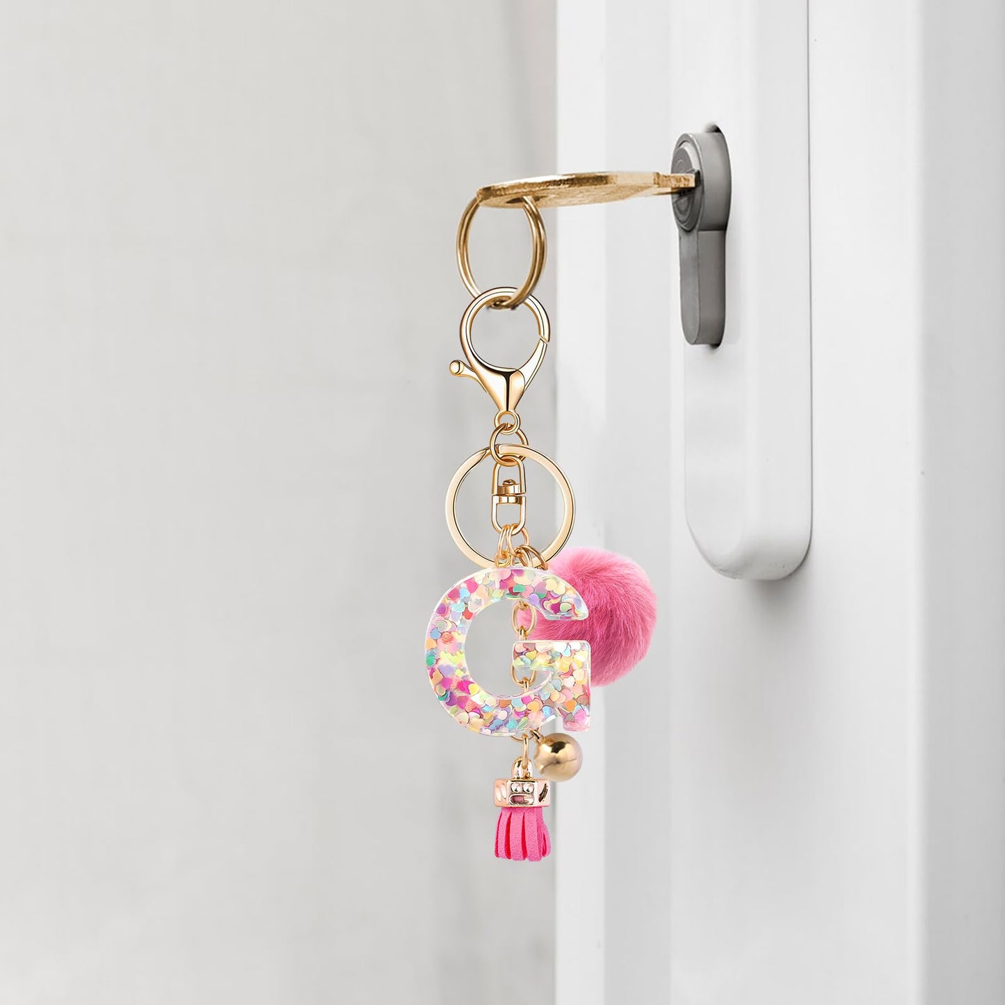 Resin Alphabet Initial Letter Keychain Keyring for Women Purse Handbags With Fur Ball Pom