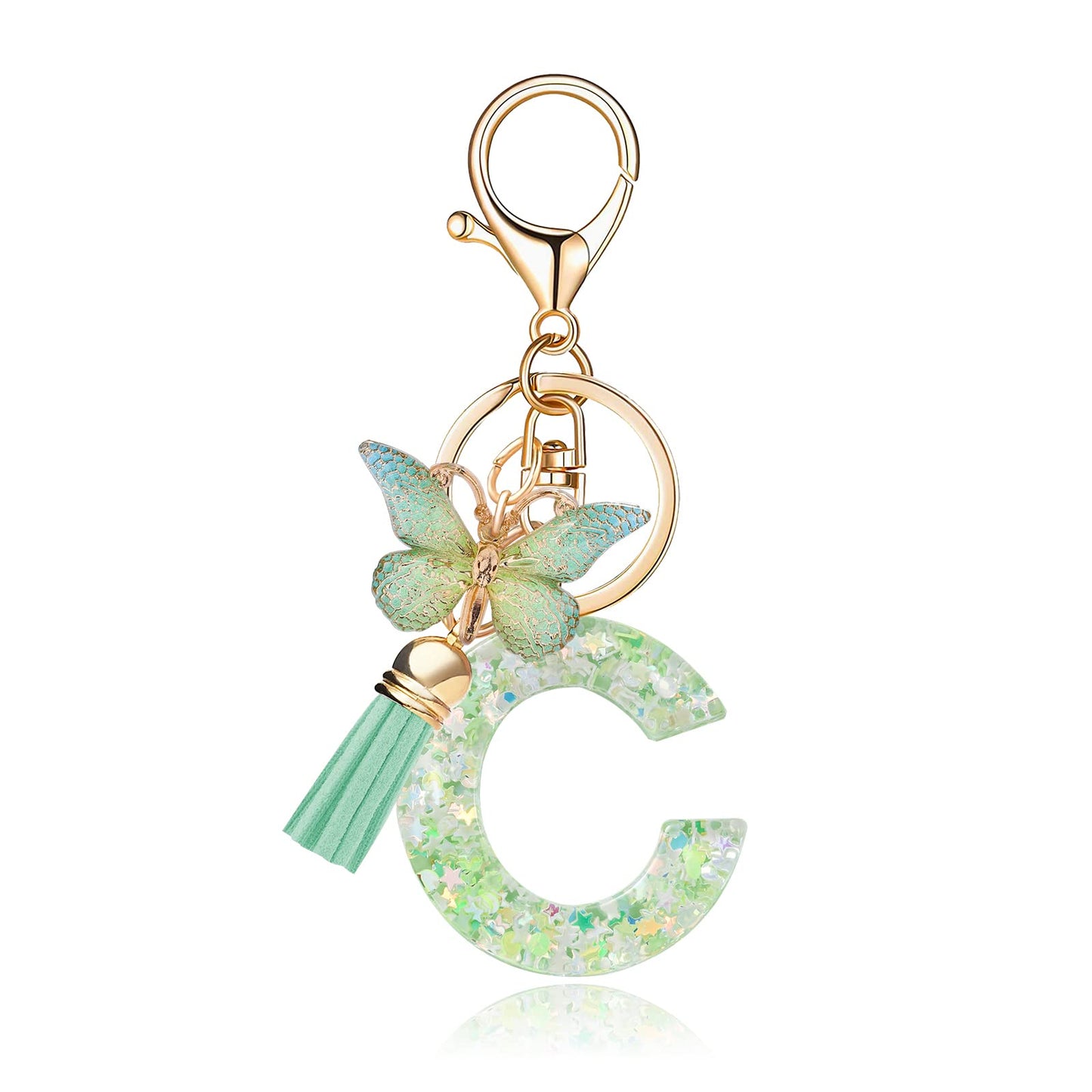 Fashion Alphabet Initial Letter Keychain Tassel Butterfly Pendant Key Ring for Purse Handbags Women Girl