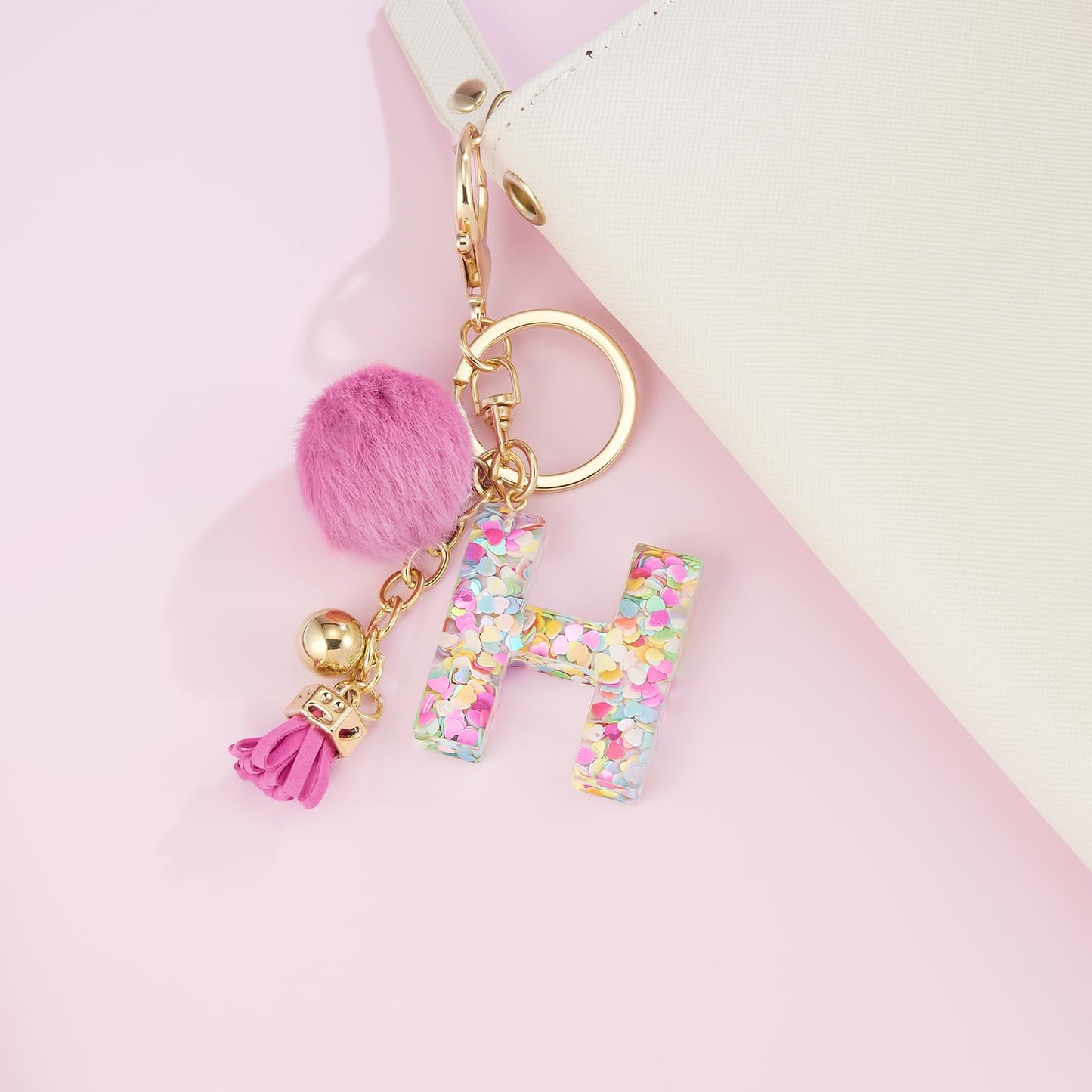 Resin Alphabet Initial Letter Keychain Keyring for Women Purse Handbags With Fur Ball Pom
