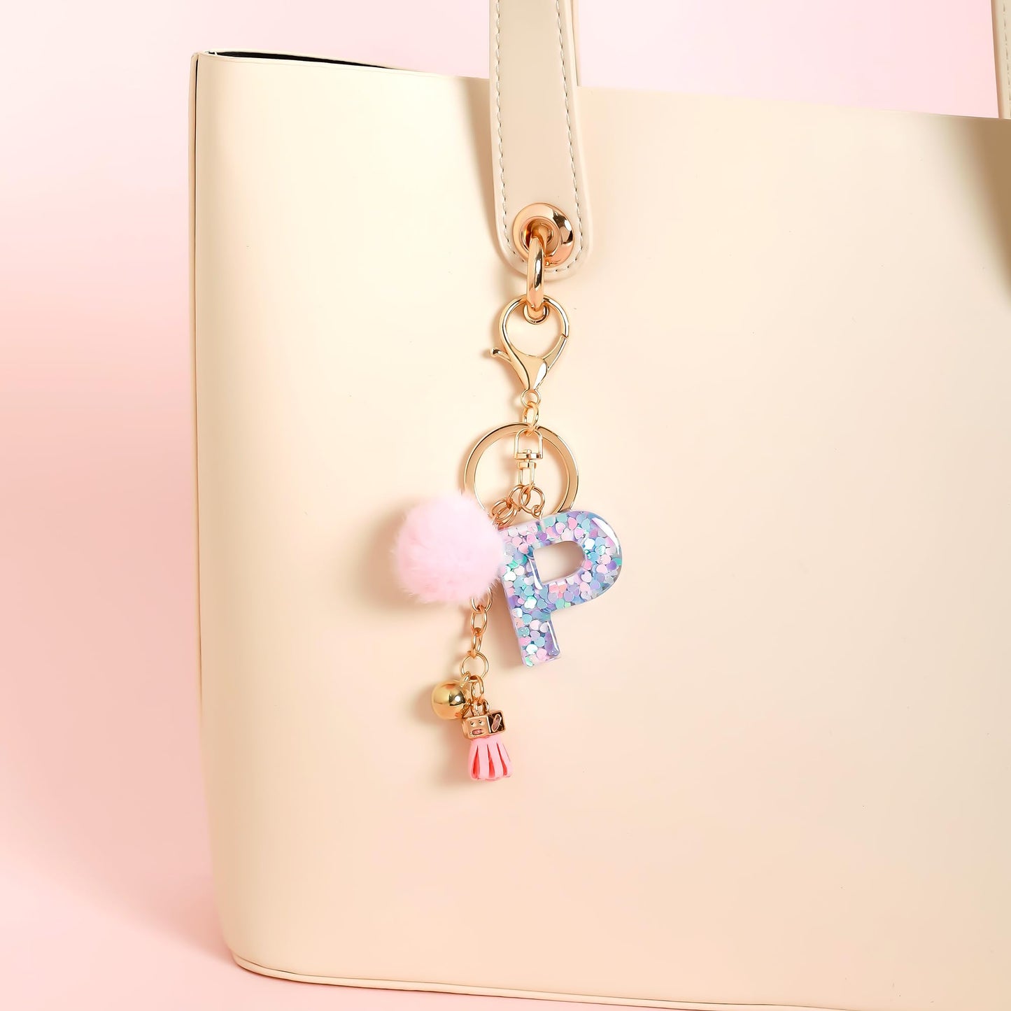 Resin Alphabet Initial Letter Keychain Keyring for Women Purse Handbags With Fur Ball Pom