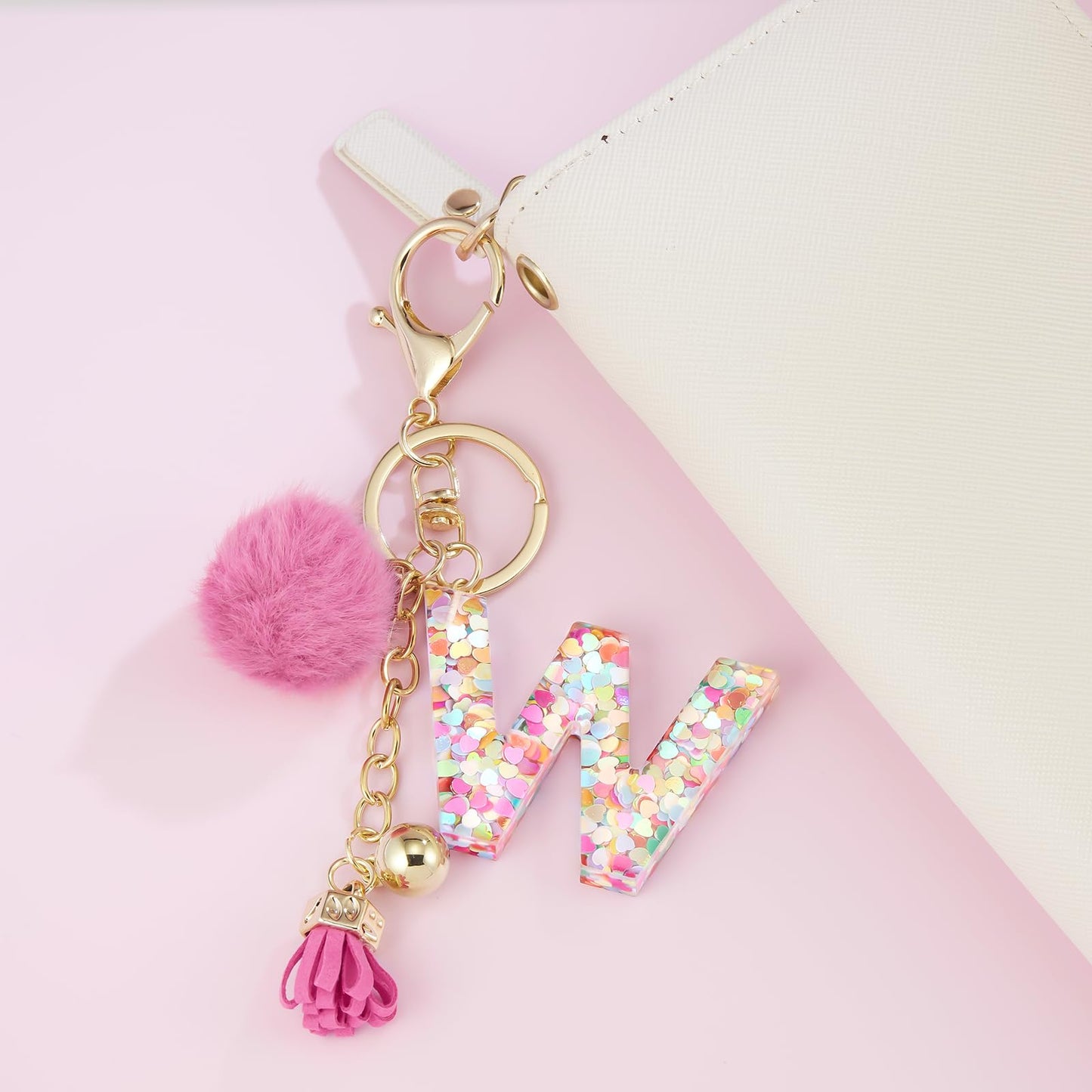 Resin Alphabet Initial Letter Keychain Keyring for Women Purse Handbags With Fur Ball Pom