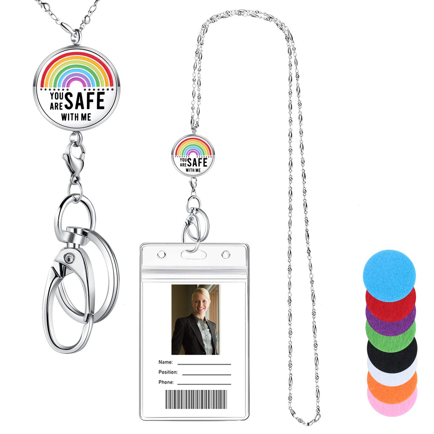 Lanyards for ID Badges Keys Women Cute Teacher Lanyard ID Holder Necklace Silver Chain Fashion Strong Keychain Diffuser Office School Work Jewelry Nurse Teacher Appreciation Gifts Mandala