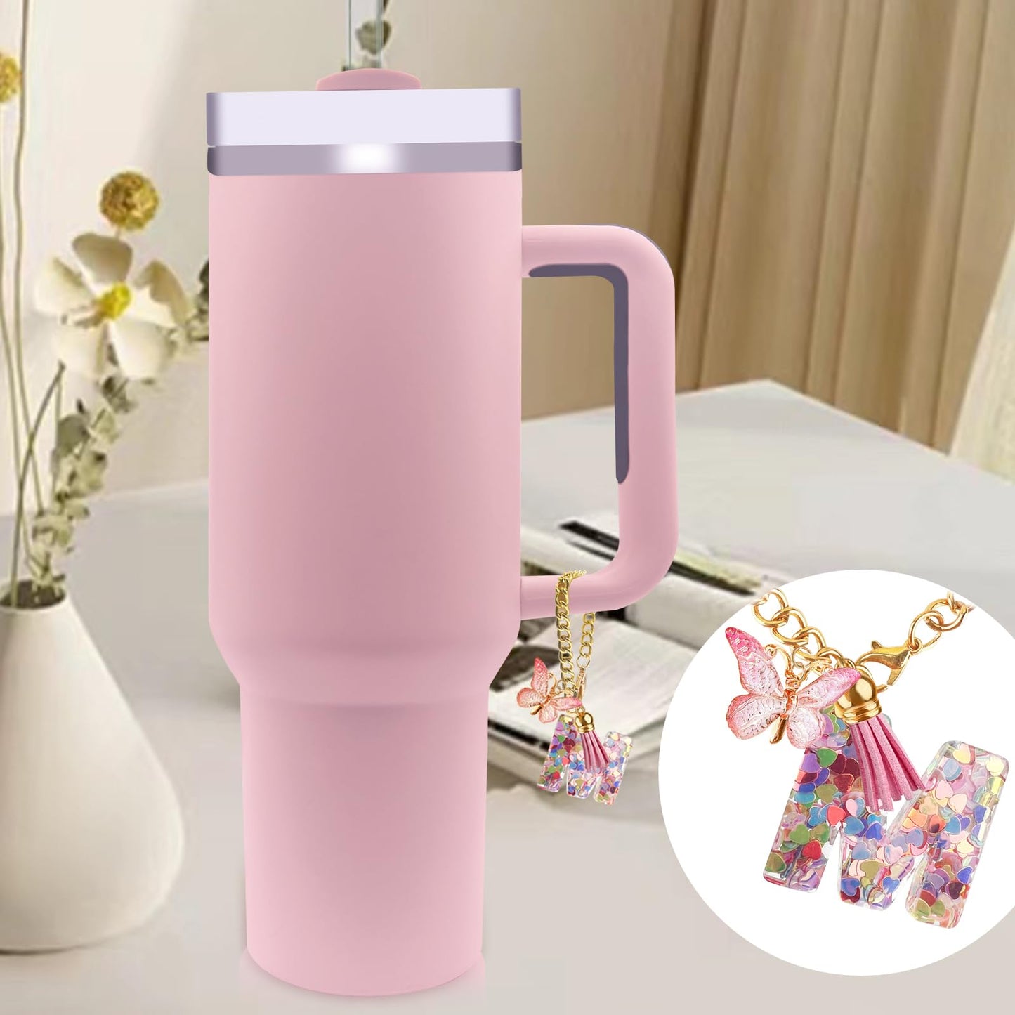 Letter Charm Accessories for Stanley Cup with Handle, Cute Initial Letter A Keychain Handle Charm with Butterfly for Stanley Tumbler for Women Girls