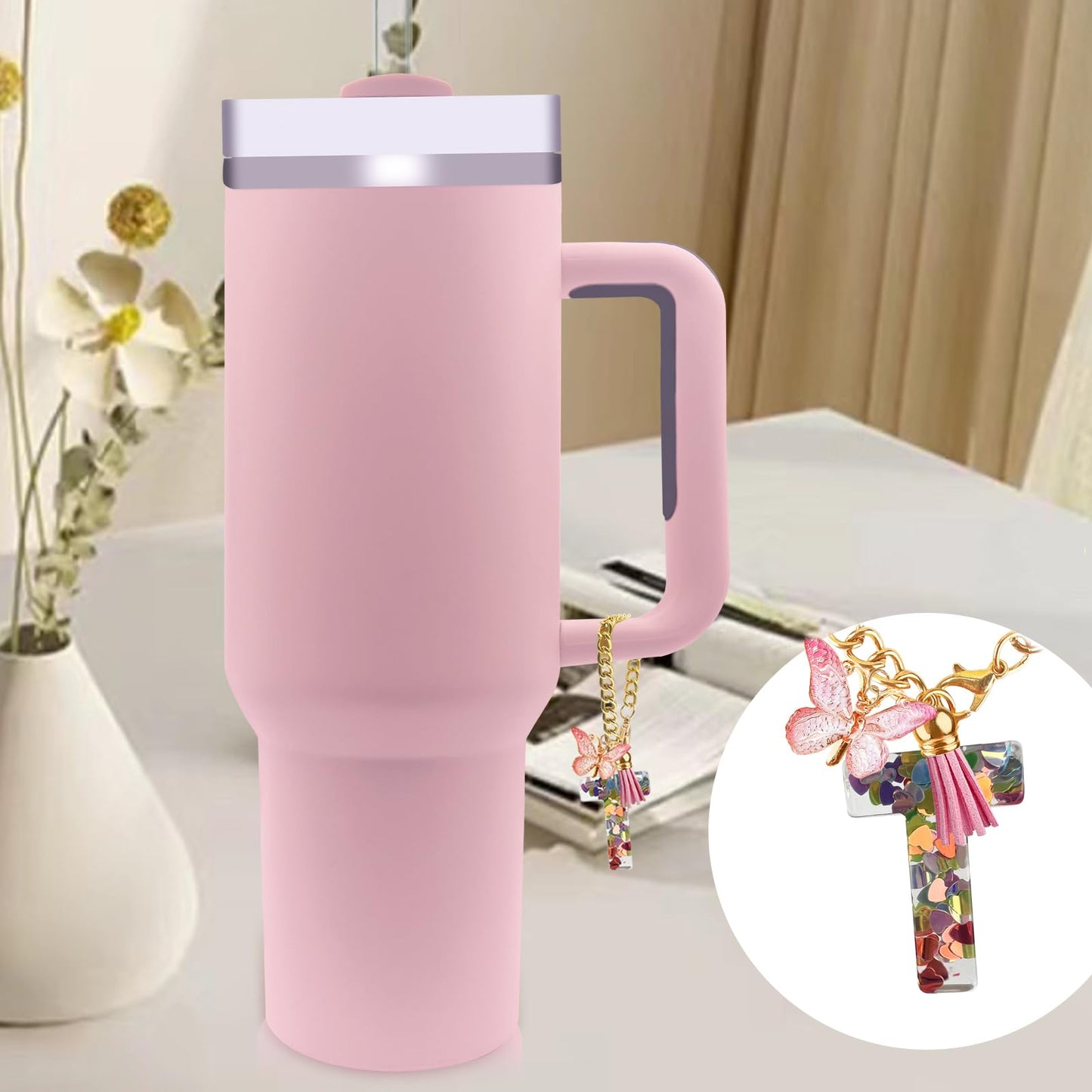 Letter Charm Accessories for Stanley Cup with Handle, Cute Initial Letter A Keychain Handle Charm with Butterfly for Stanley Tumbler for Women Girls