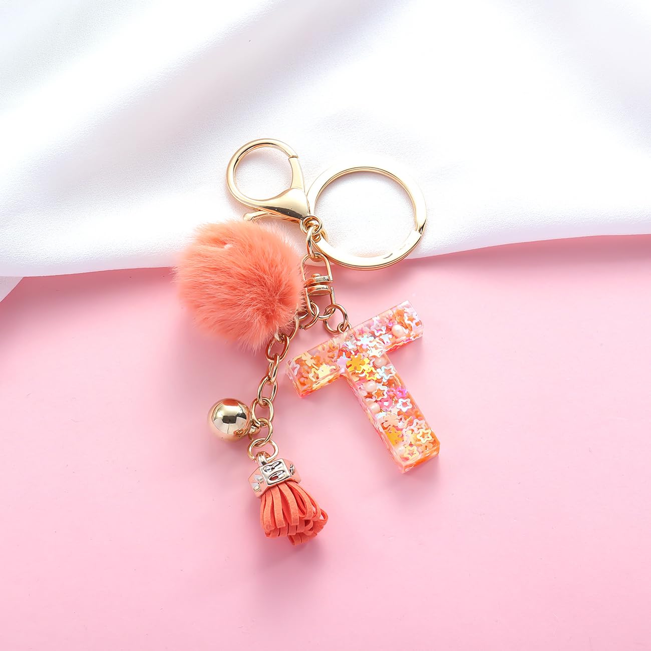 Resin Alphabet Initial Letter Keychain Keyring for Women Purse Handbags With Fur Ball Pom