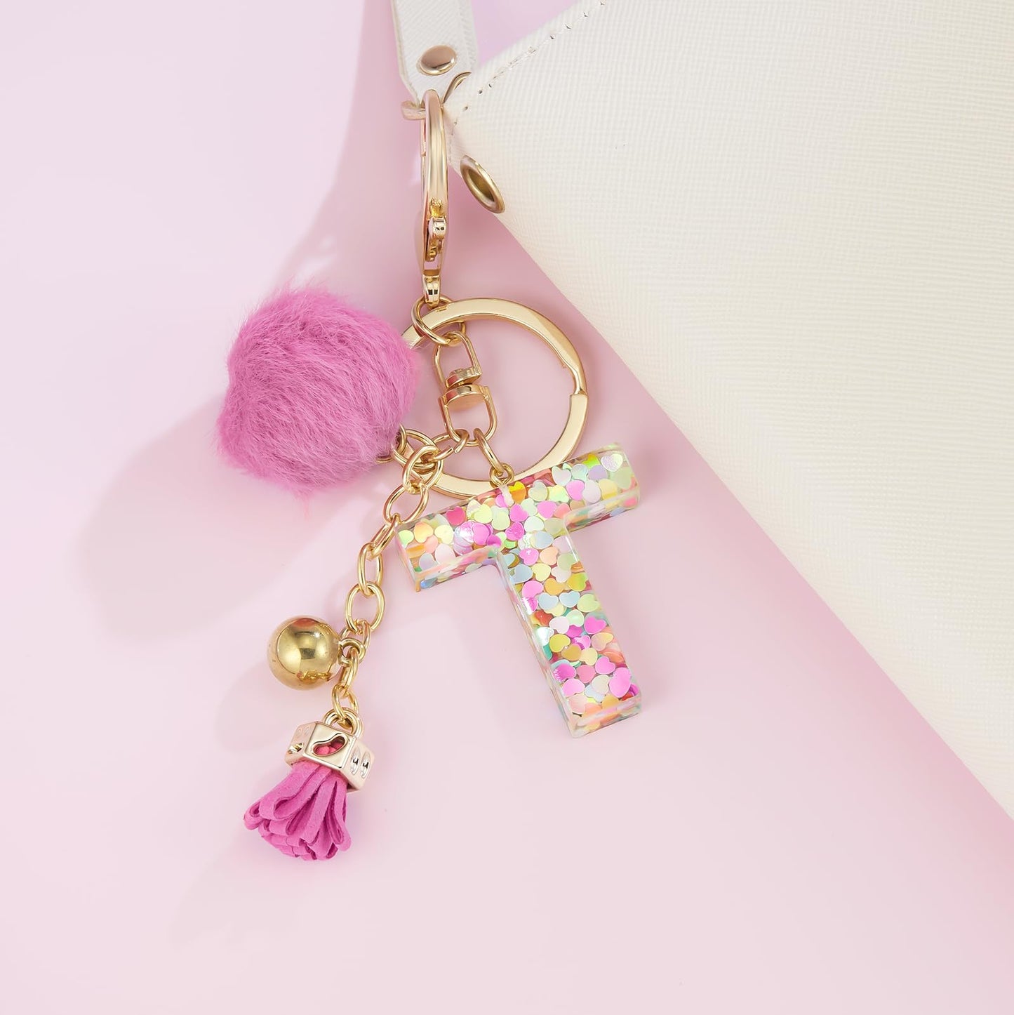 Resin Alphabet Initial Letter Keychain Keyring for Women Purse Handbags With Fur Ball Pom