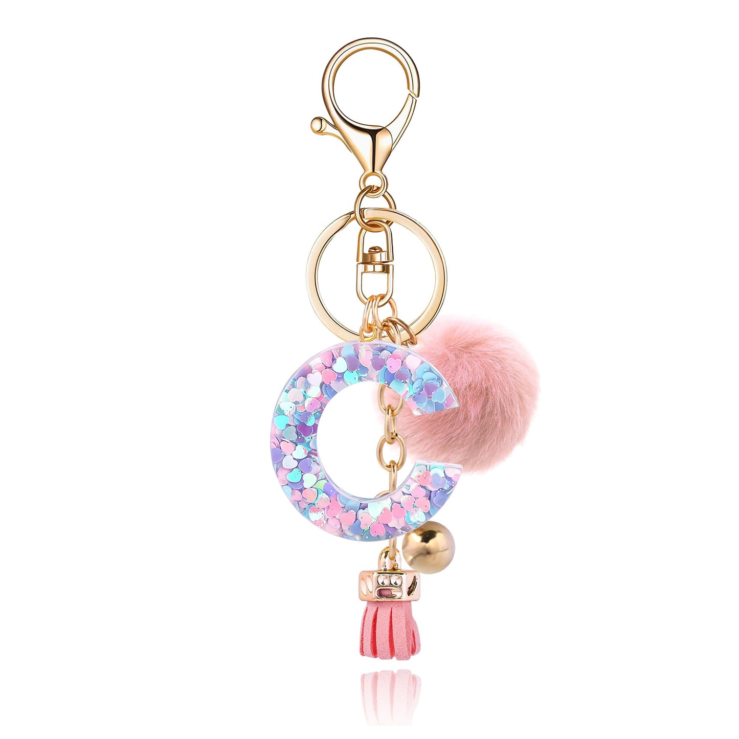 Resin Alphabet Initial Letter Keychain Keyring for Women Purse Handbags With Fur Ball Pom