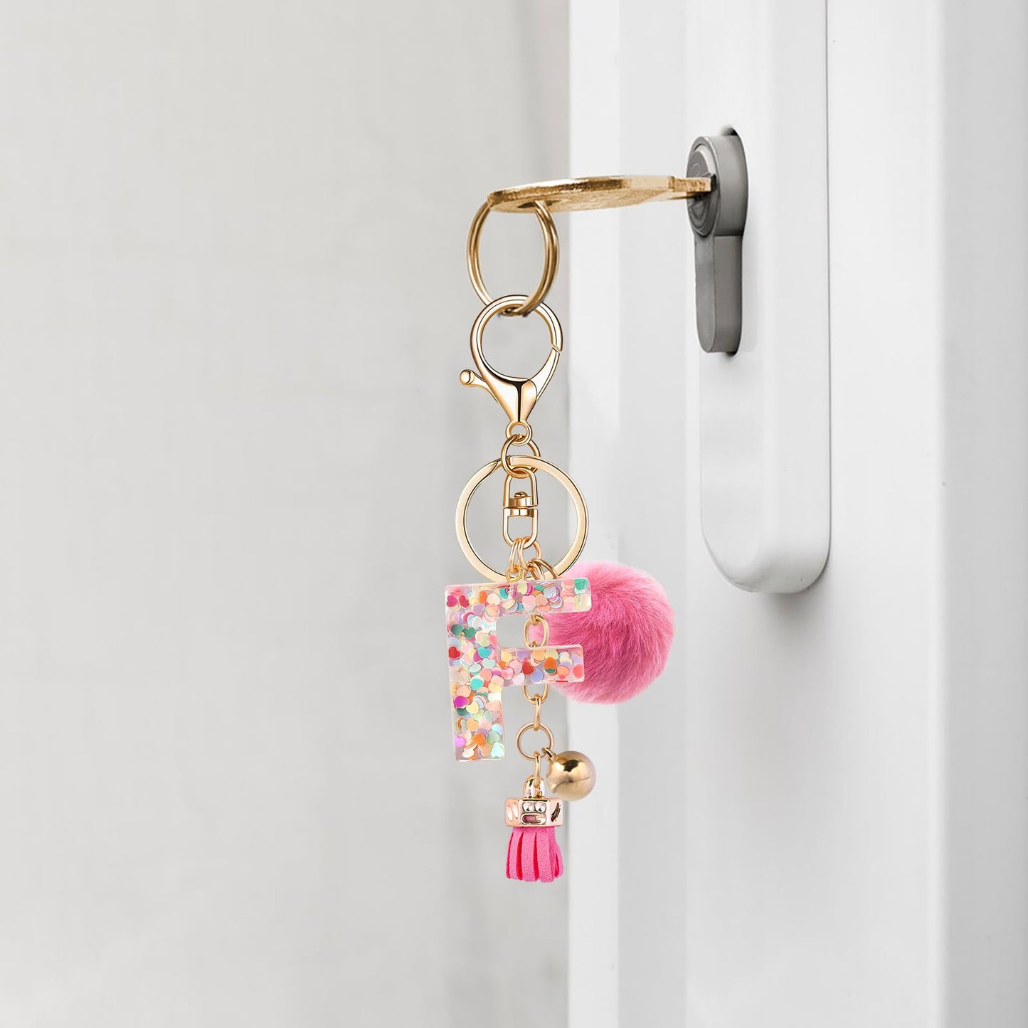 Resin Alphabet Initial Letter Keychain Keyring for Women Purse Handbags With Fur Ball Pom
