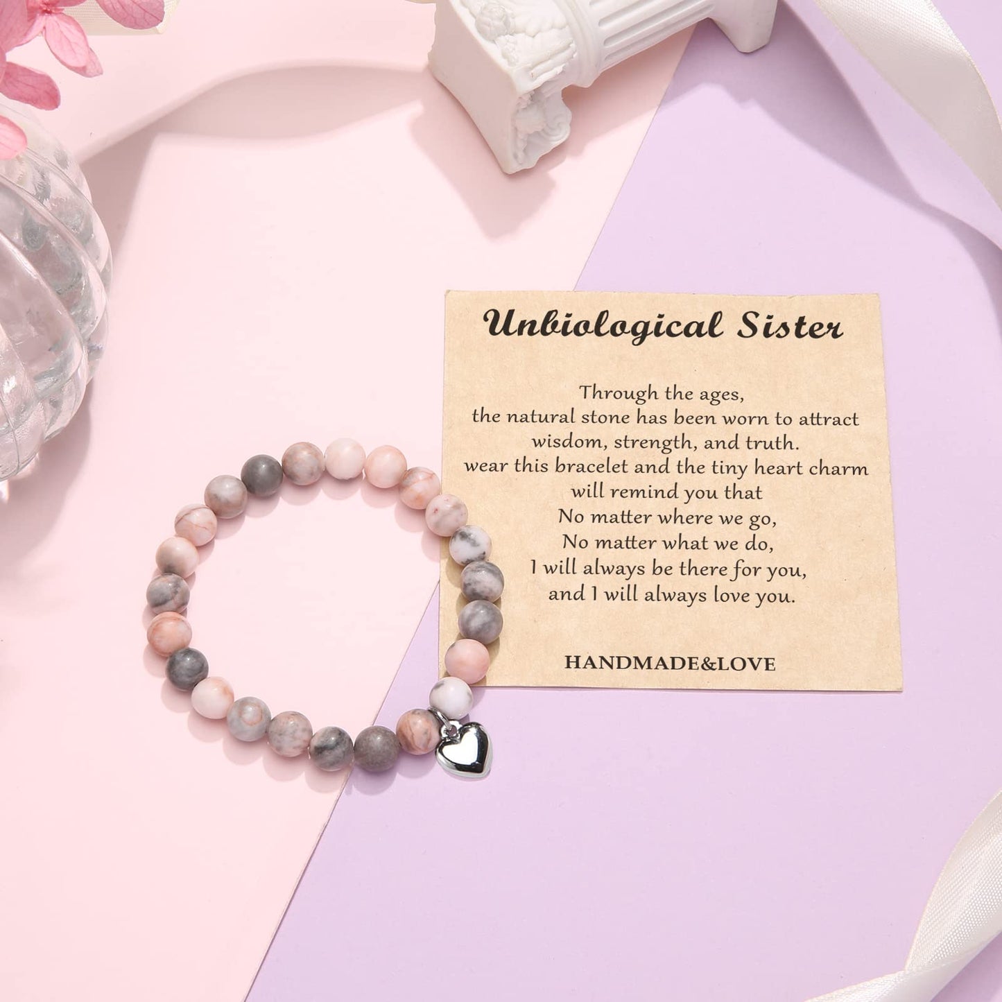 Jewelry&Card Christmas Gifts for Sister Best Friend, Natural Stone Heart Friendship Bracelets for Sister Best Friend Bestie Women