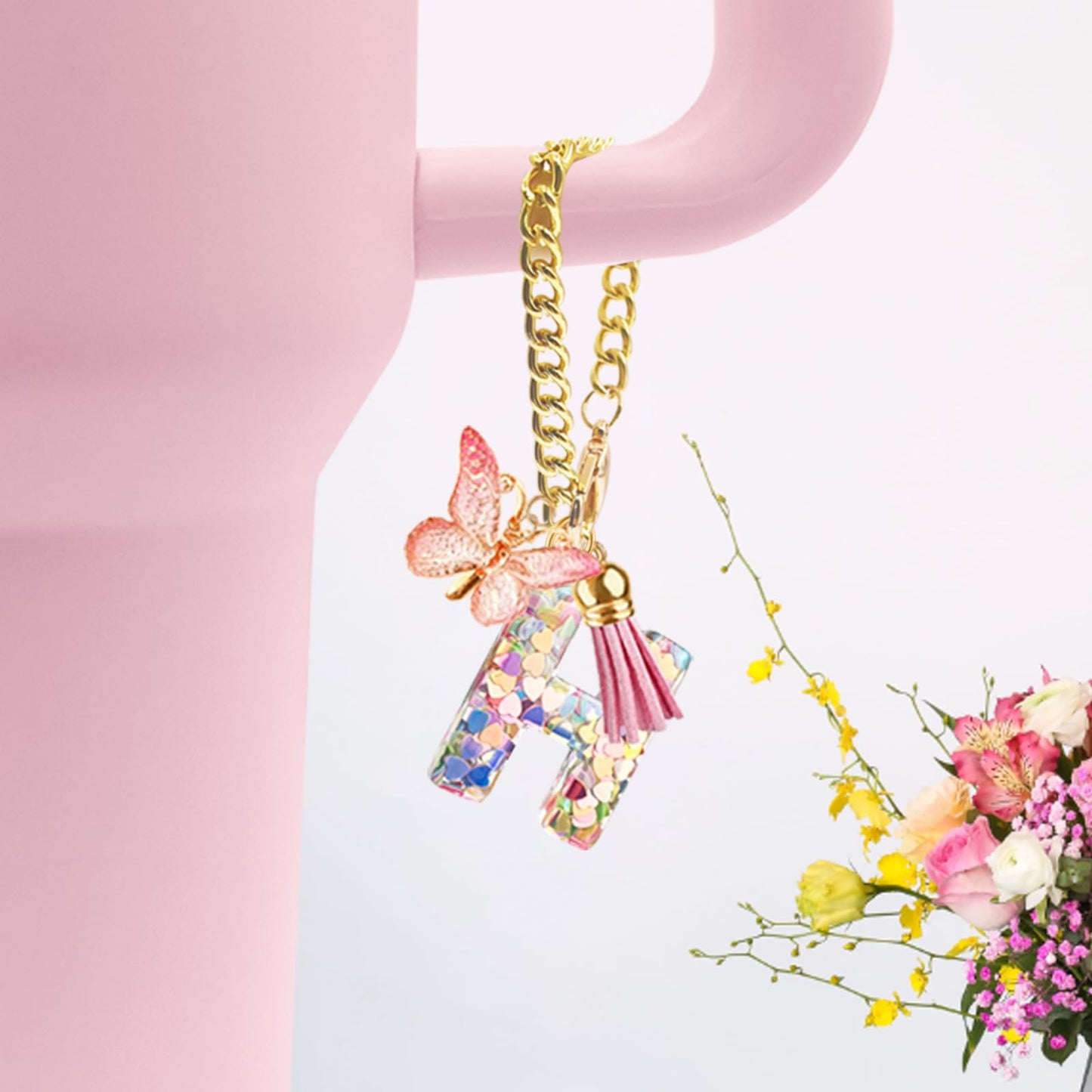 Letter Charm Accessories for Stanley Cup with Handle, Cute Initial Letter A Keychain Handle Charm with Butterfly for Stanley Tumbler for Women Girls