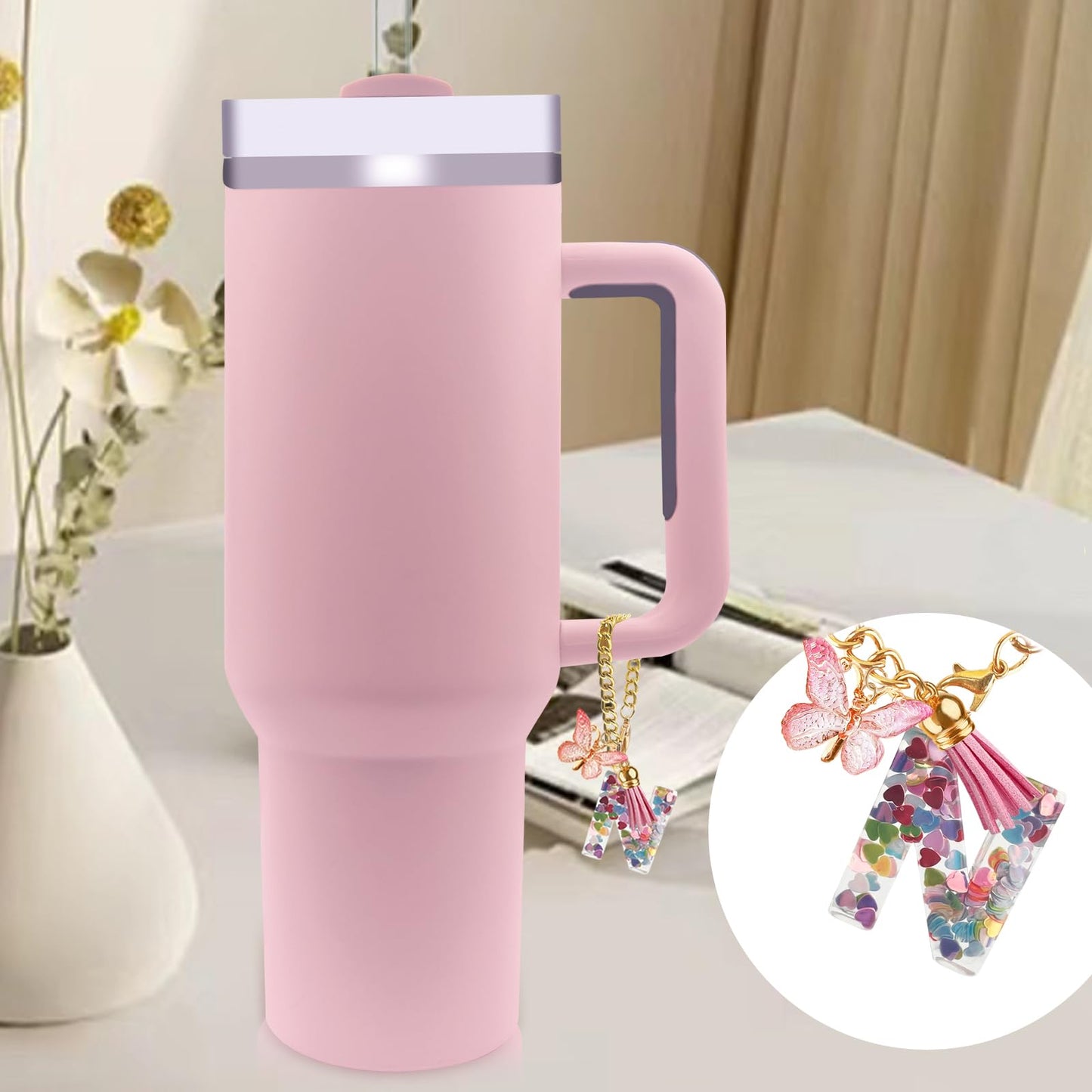 Letter Charm Accessories for Stanley Cup with Handle, Cute Initial Letter A Keychain Handle Charm with Butterfly for Stanley Tumbler for Women Girls