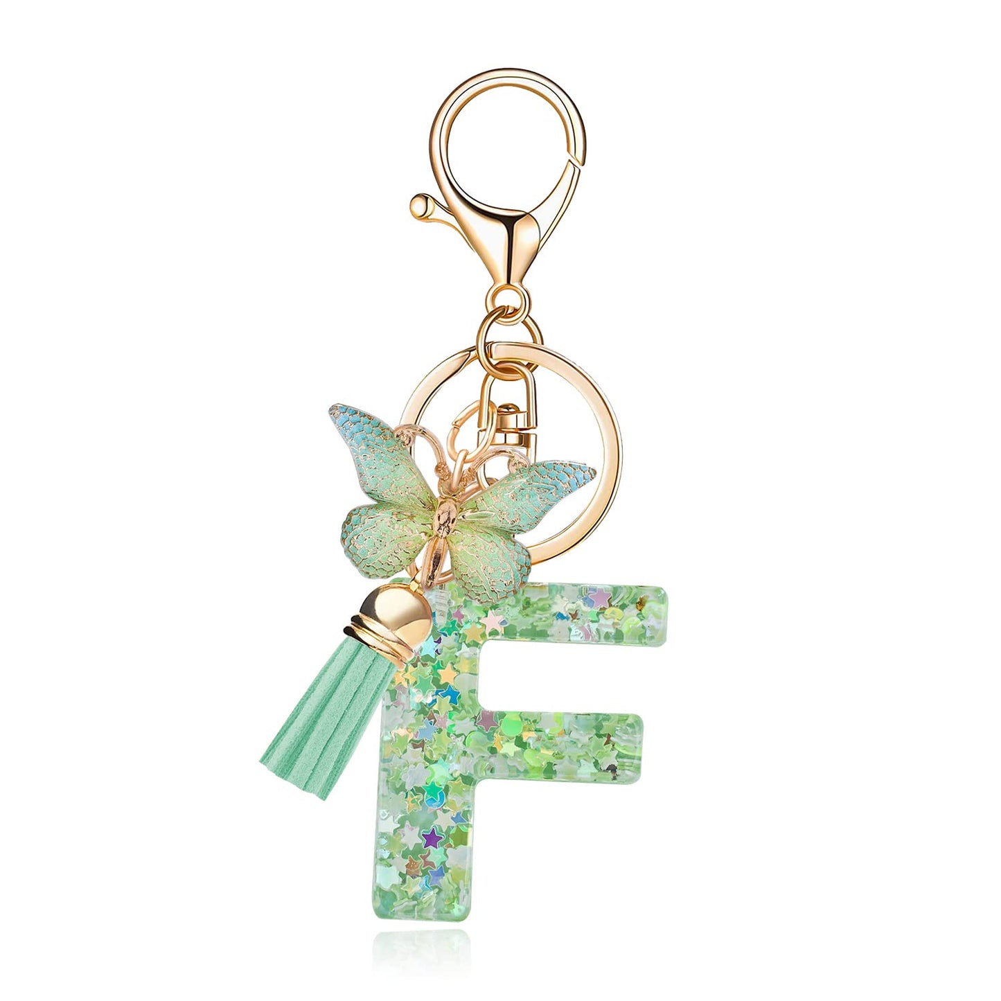 Fashion Alphabet Initial Letter Keychain Tassel Butterfly Pendant Key Ring for Purse Handbags Women Girl