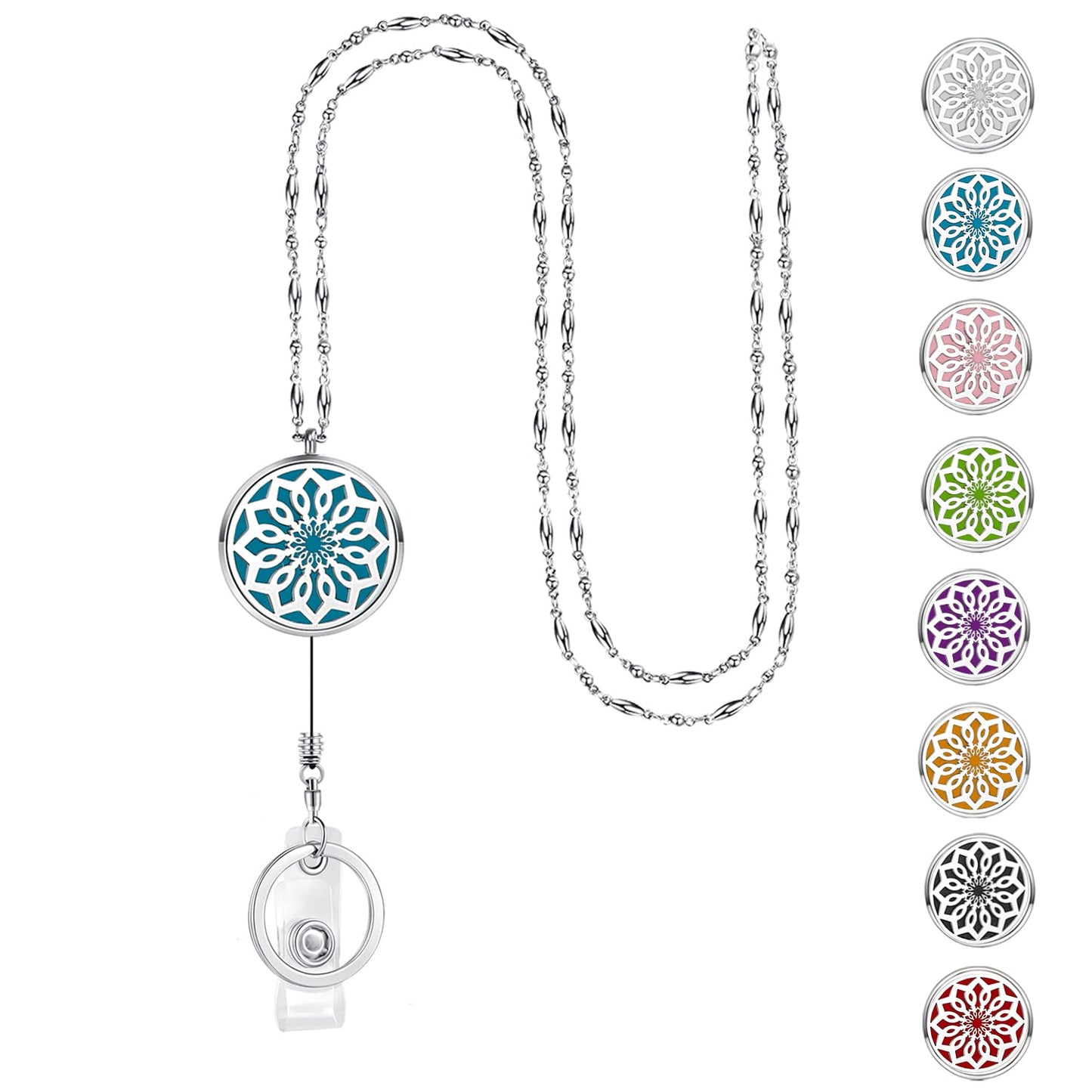 Lanyards for ID Badges Keys Women Cute Teacher Lanyard ID Holder Necklace Silver Chain Fashion Strong Keychain Diffuser Office School Work Jewelry Nurse Teacher Appreciation Gifts Mandala