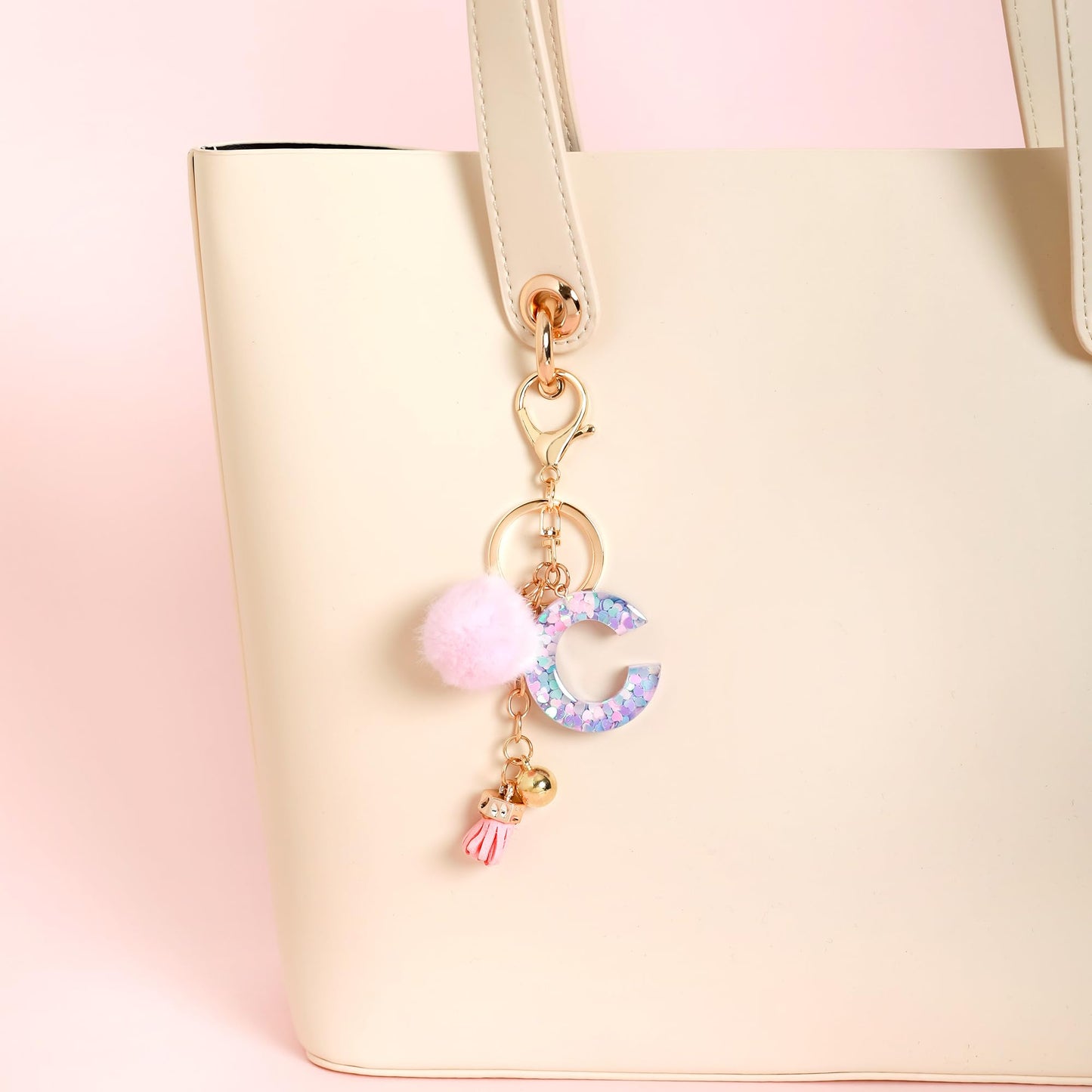 Resin Alphabet Initial Letter Keychain Keyring for Women Purse Handbags With Fur Ball Pom