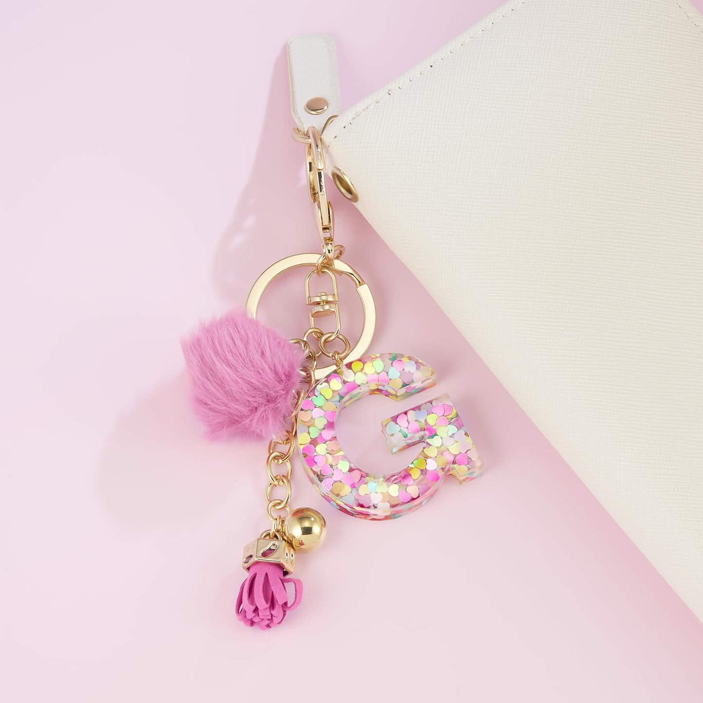 Resin Alphabet Initial Letter Keychain Keyring for Women Purse Handbags With Fur Ball Pom