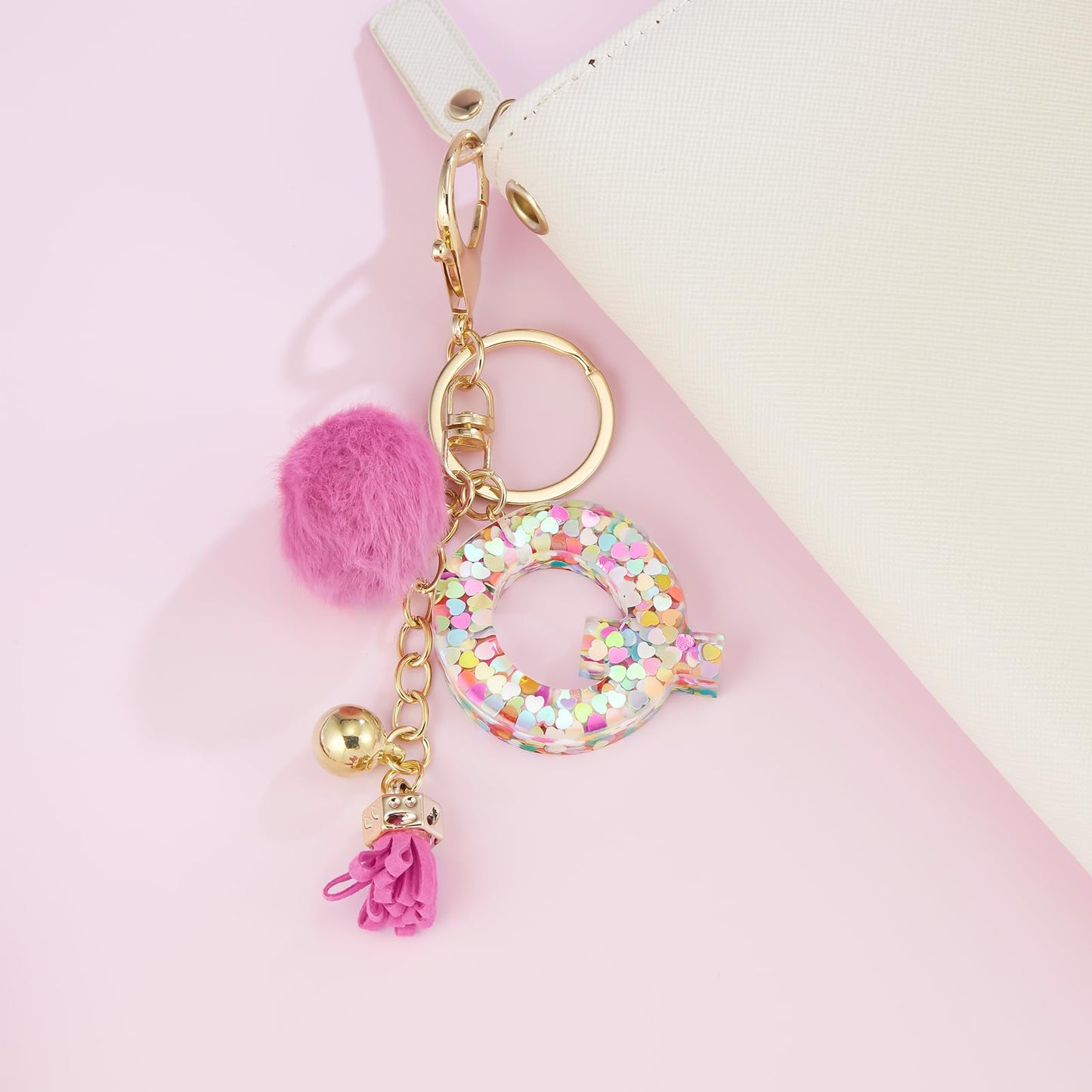 Resin Alphabet Initial Letter Keychain Keyring for Women Purse Handbags With Fur Ball Pom
