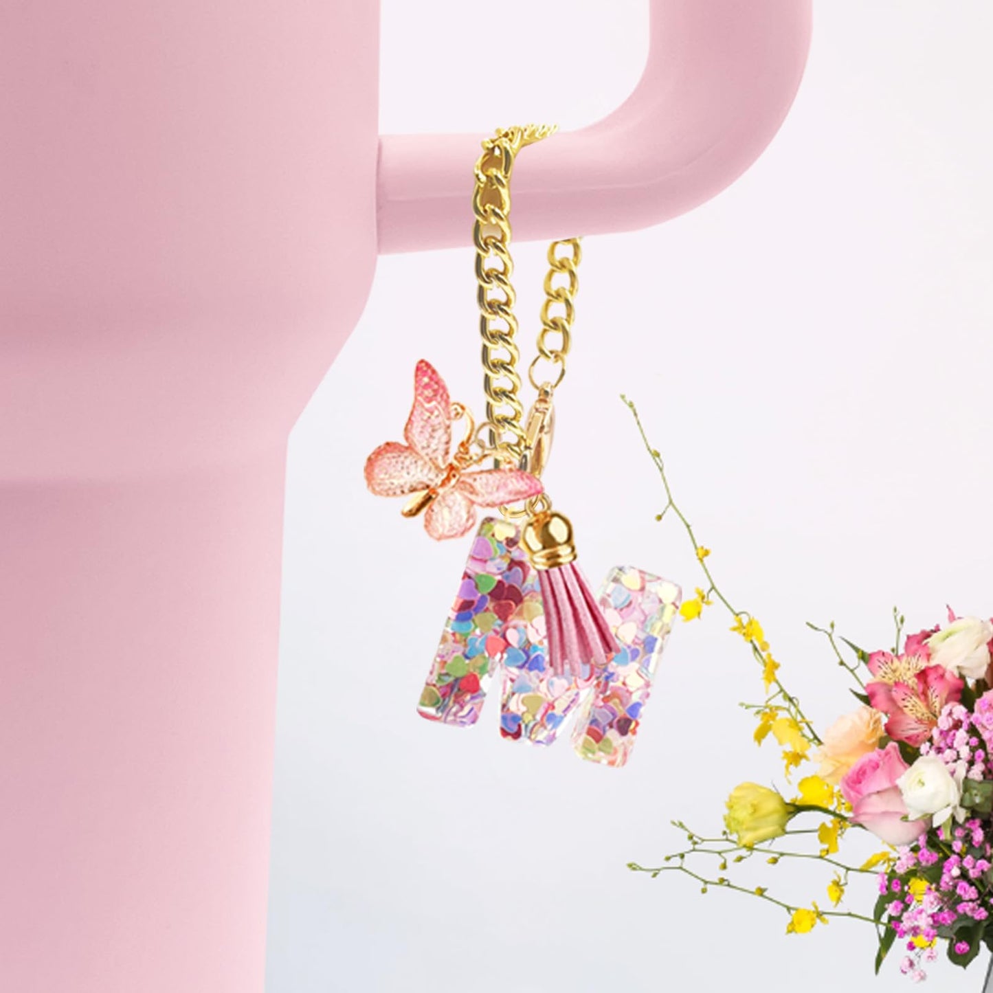 Letter Charm Accessories for Stanley Cup with Handle, Cute Initial Letter A Keychain Handle Charm with Butterfly for Stanley Tumbler for Women Girls