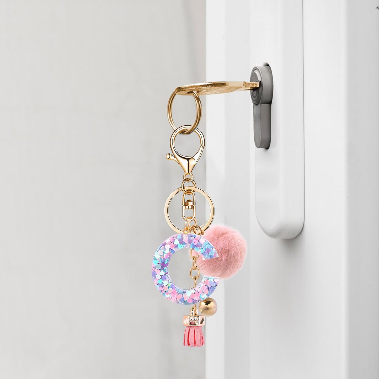 Resin Alphabet Initial Letter Keychain Keyring for Women Purse Handbags With Fur Ball Pom