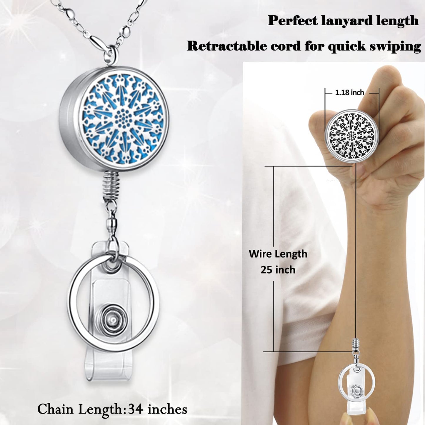 Lanyards for ID Badges Keys Women Cute Teacher Lanyard ID Holder Necklace Silver Chain Fashion Strong Keychain Diffuser Office School Work Jewelry Nurse Teacher Appreciation Gifts Mandala