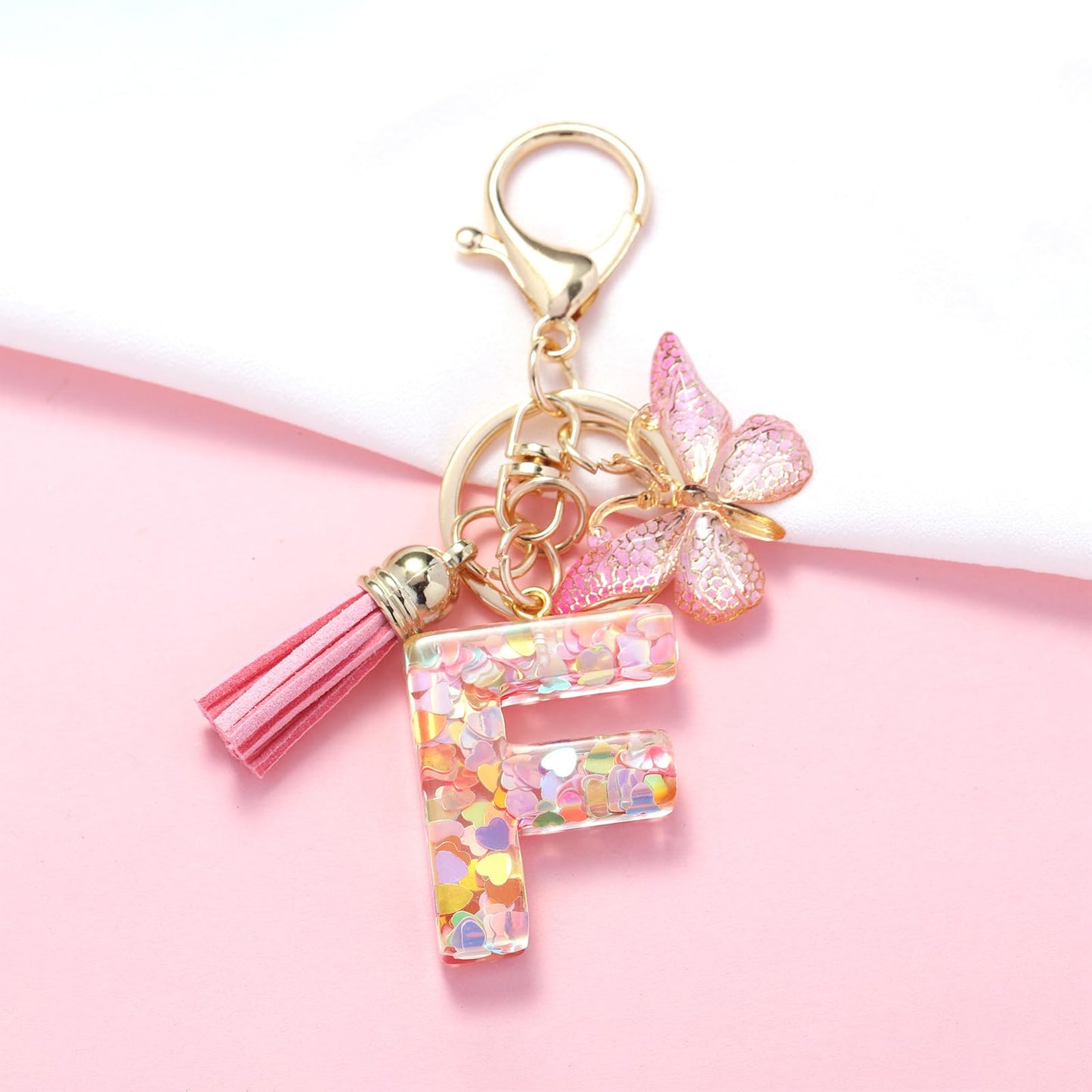 Fashion Alphabet Initial Letter Keychain Tassel Butterfly Pendant Key Ring for Purse Handbags Women Girl