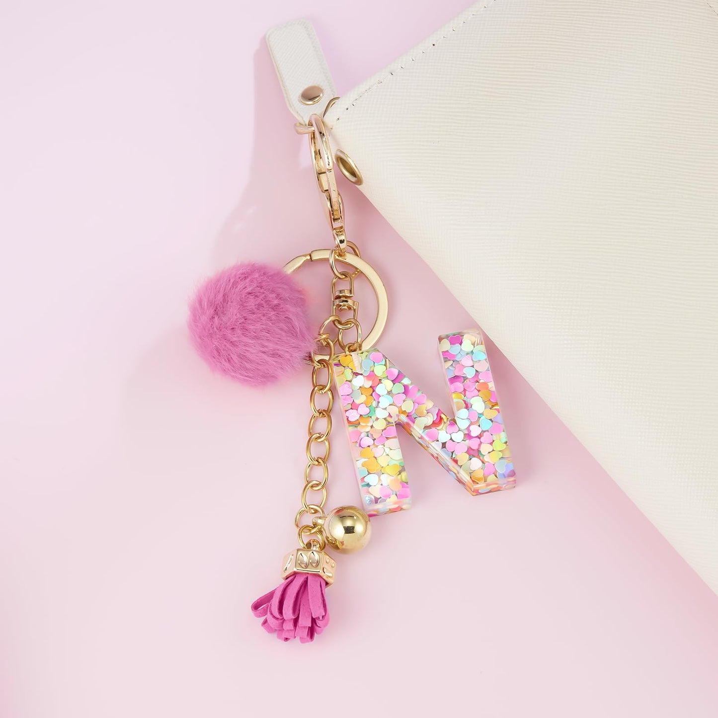 Resin Alphabet Initial Letter Keychain Keyring for Women Purse Handbags With Fur Ball Pom