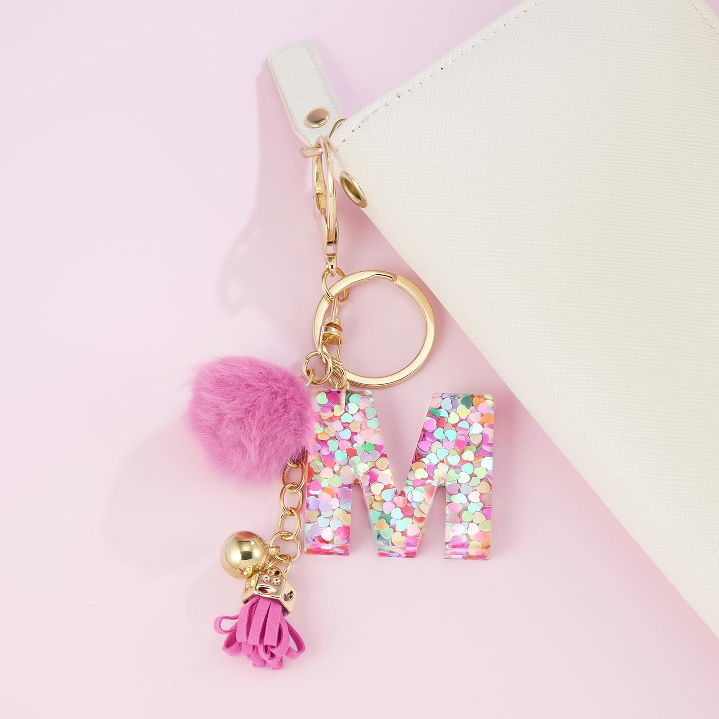 Resin Alphabet Initial Letter Keychain Keyring for Women Purse Handbags With Fur Ball Pom