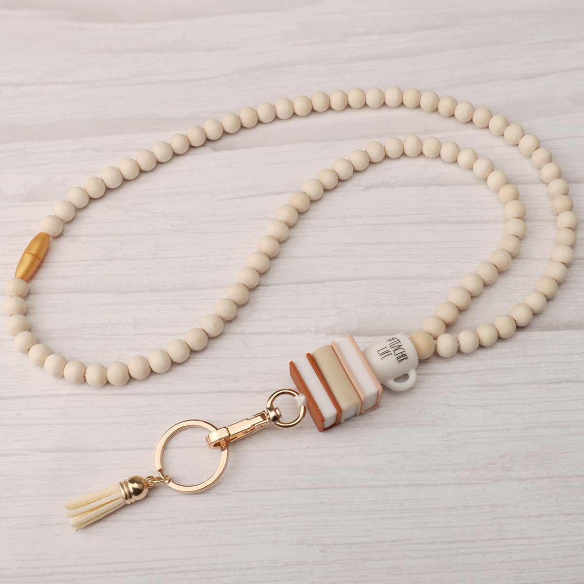 Teacher Lanyard with ID Holder, Fashion Wood Beaded Lanyard for Keys, Super Cute Boho Breakaway Lanyard for Women