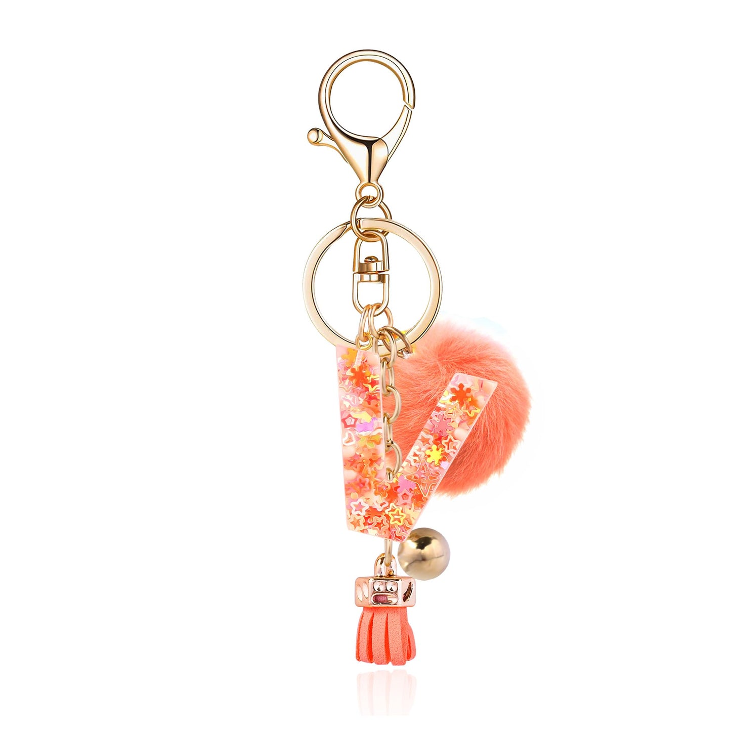 Resin Alphabet Initial Letter Keychain Keyring for Women Purse Handbags With Fur Ball Pom