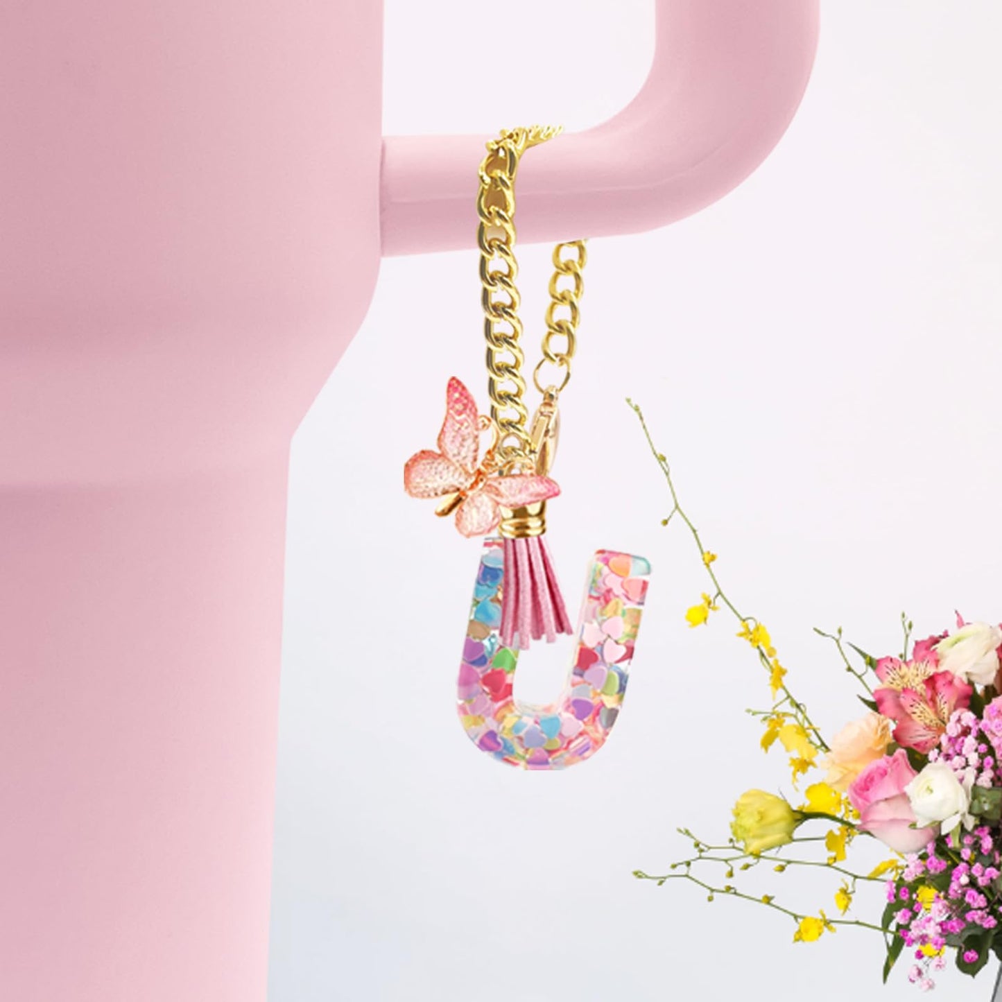 Letter Charm Accessories for Stanley Cup with Handle, Cute Initial Letter A Keychain Handle Charm with Butterfly for Stanley Tumbler for Women Girls