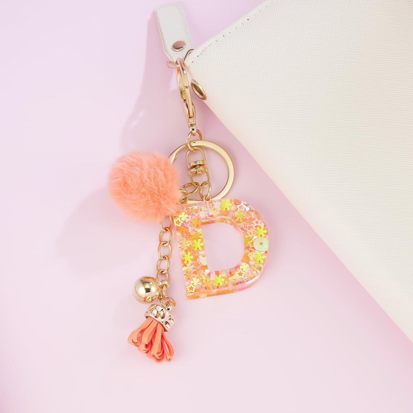 Resin Alphabet Initial Letter Keychain Keyring for Women Purse Handbags With Fur Ball Pom