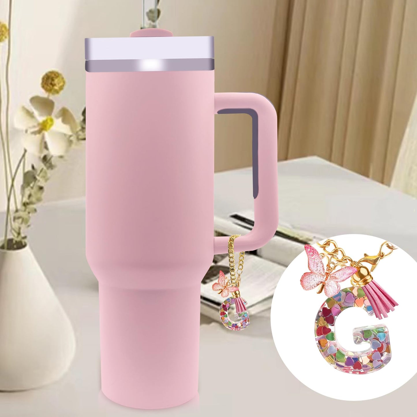 Letter Charm Accessories for Stanley Cup with Handle, Cute Initial Letter A Keychain Handle Charm with Butterfly for Stanley Tumbler for Women Girls