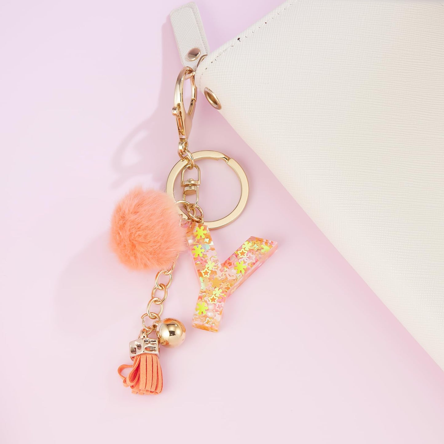 Resin Alphabet Initial Letter Keychain Keyring for Women Purse Handbags With Fur Ball Pom