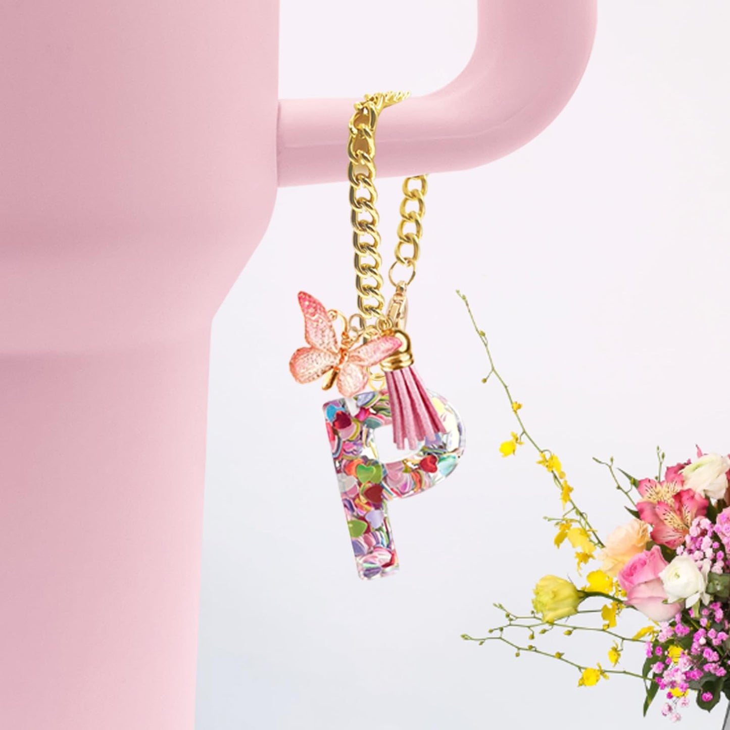 Letter Charm Accessories for Stanley Cup with Handle, Cute Initial Letter A Keychain Handle Charm with Butterfly for Stanley Tumbler for Women Girls