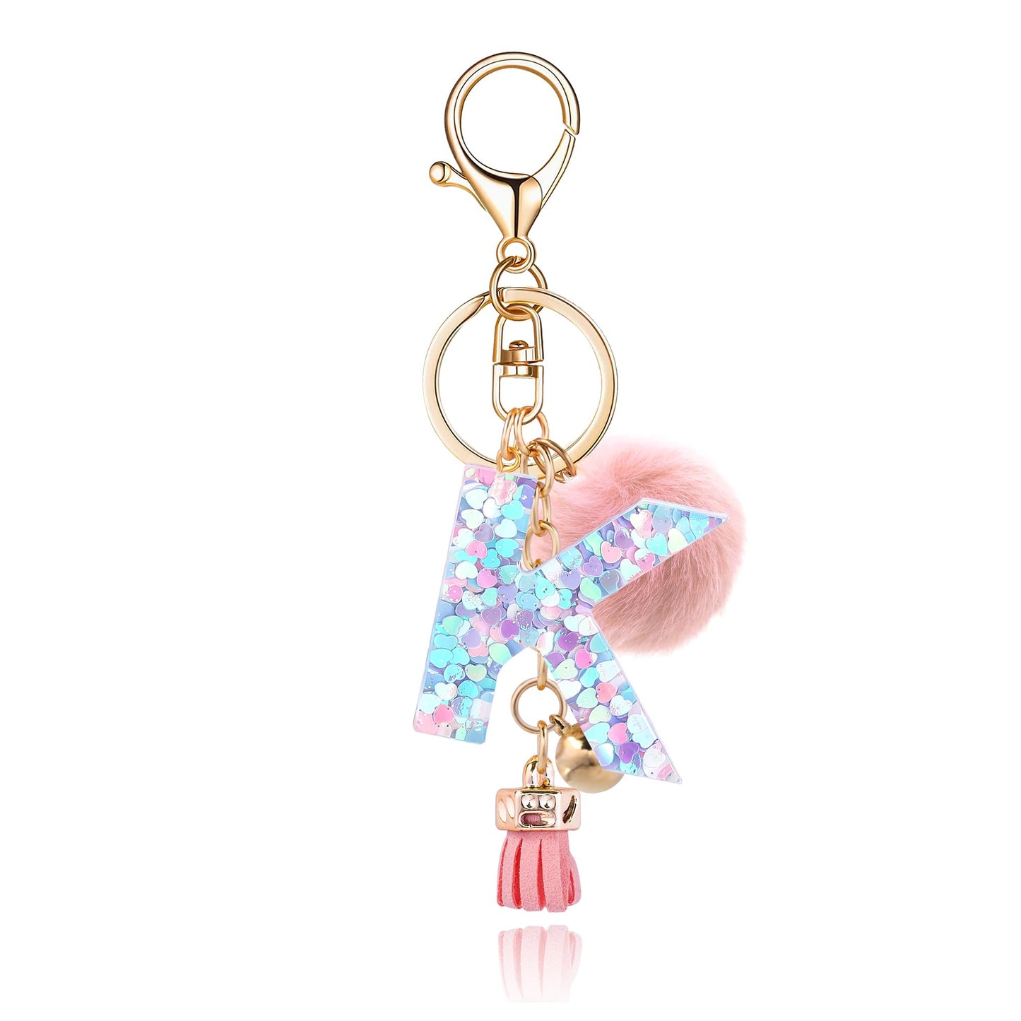 Resin Alphabet Initial Letter Keychain Keyring for Women Purse Handbags With Fur Ball Pom