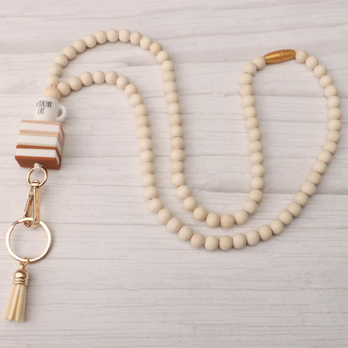 Teacher Lanyard with ID Holder, Fashion Wood Beaded Lanyard for Keys, Super Cute Boho Breakaway Lanyard for Women