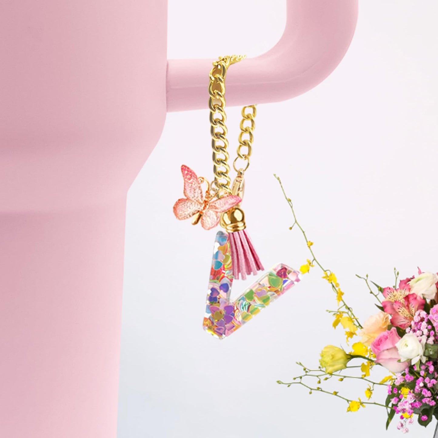 Letter Charm Accessories for Stanley Cup with Handle, Cute Initial Letter A Keychain Handle Charm with Butterfly for Stanley Tumbler for Women Girls