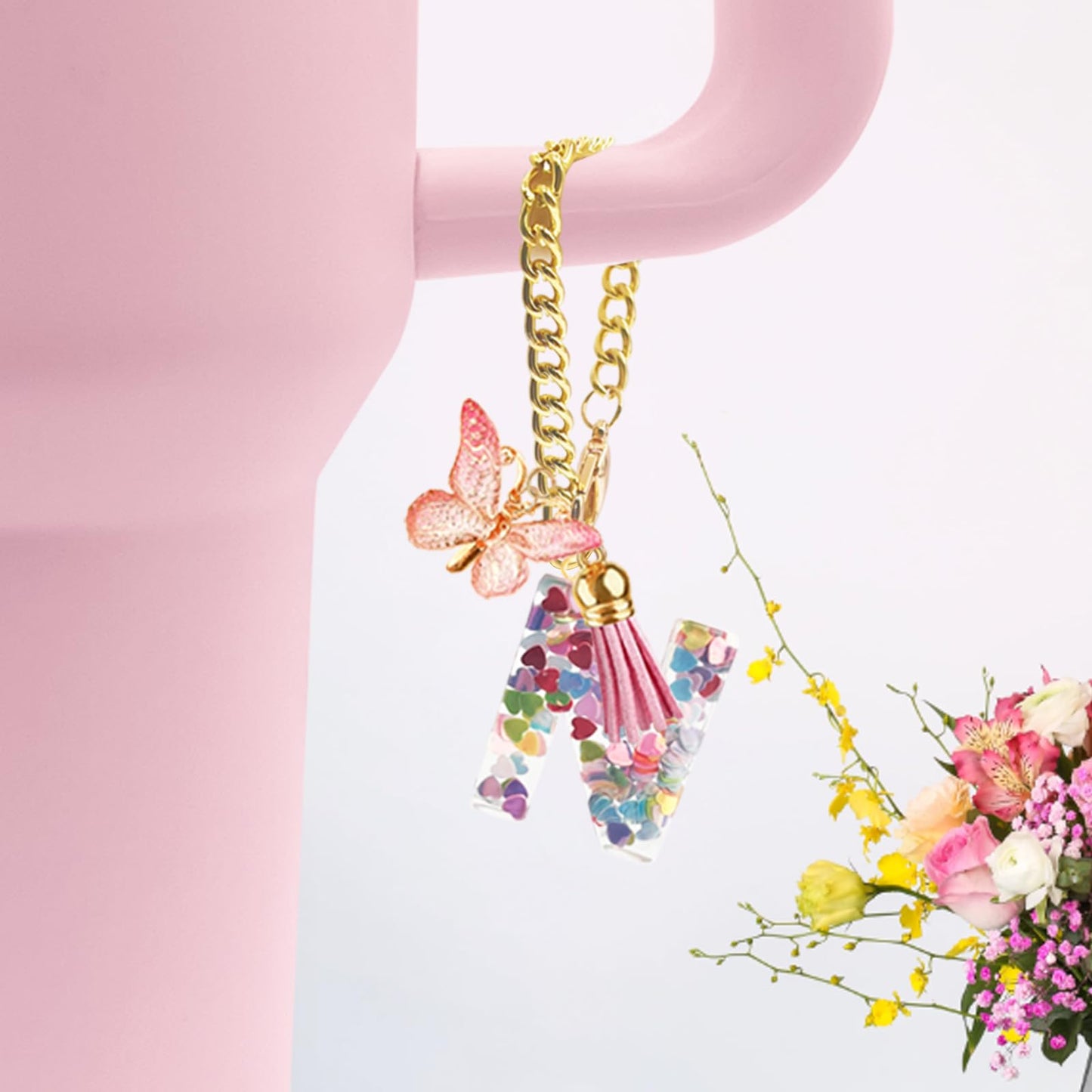 Letter Charm Accessories for Stanley Cup with Handle, Cute Initial Letter A Keychain Handle Charm with Butterfly for Stanley Tumbler for Women Girls