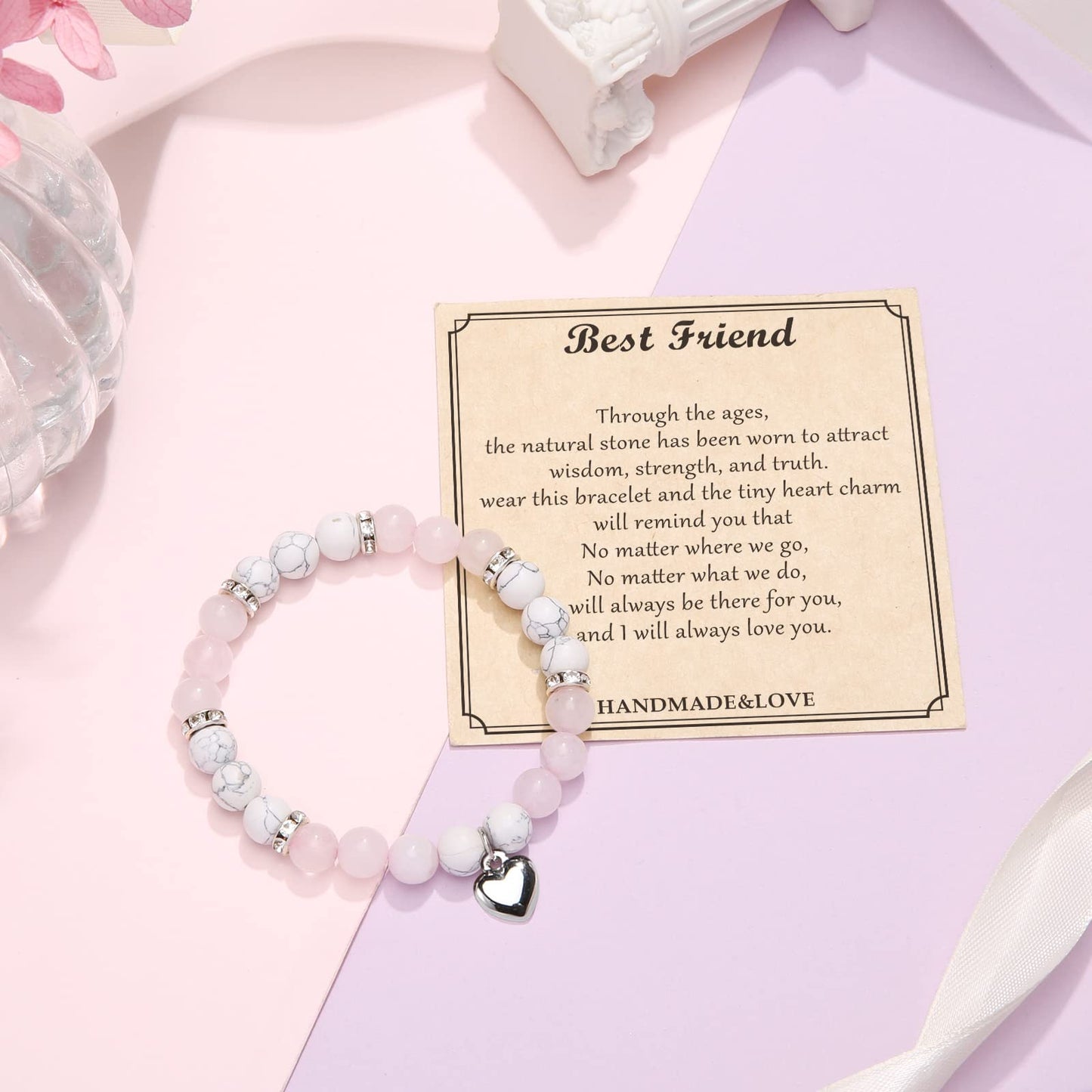 Jewelry&Card Christmas Gifts for Sister Best Friend, Natural Stone Heart Friendship Bracelets for Sister Best Friend Bestie Women