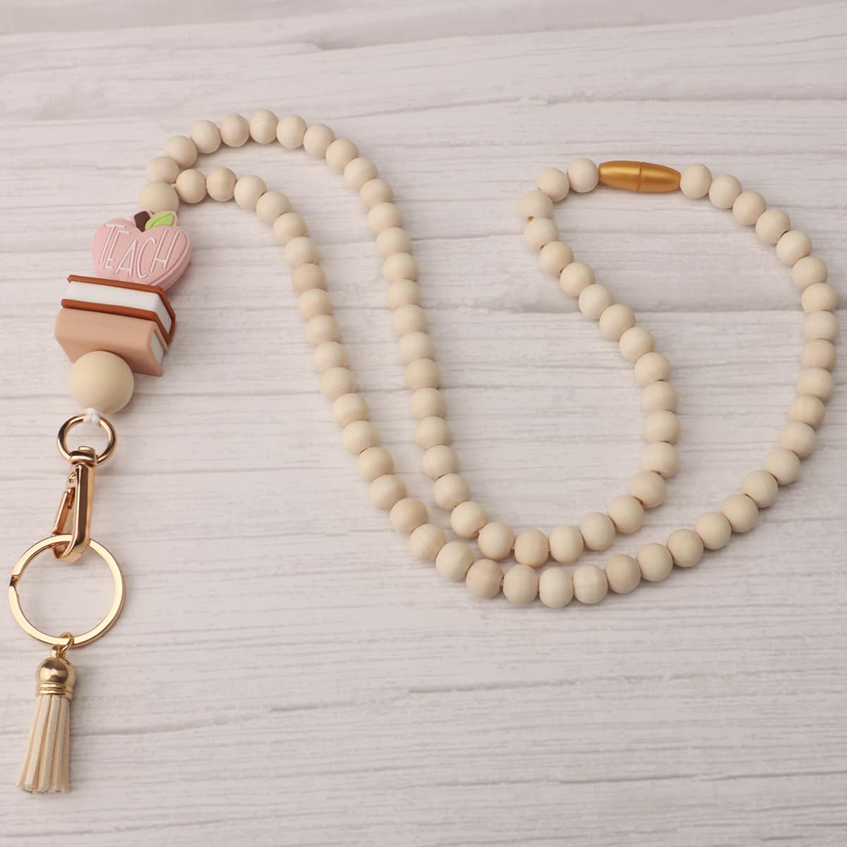 Teacher Lanyard with ID Holder, Fashion Wood Beaded Lanyard for Keys, Super Cute Boho Breakaway Lanyard for Women