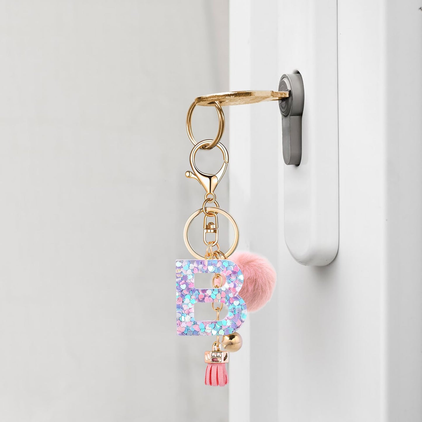 Resin Alphabet Initial Letter Keychain Keyring for Women Purse Handbags With Fur Ball Pom