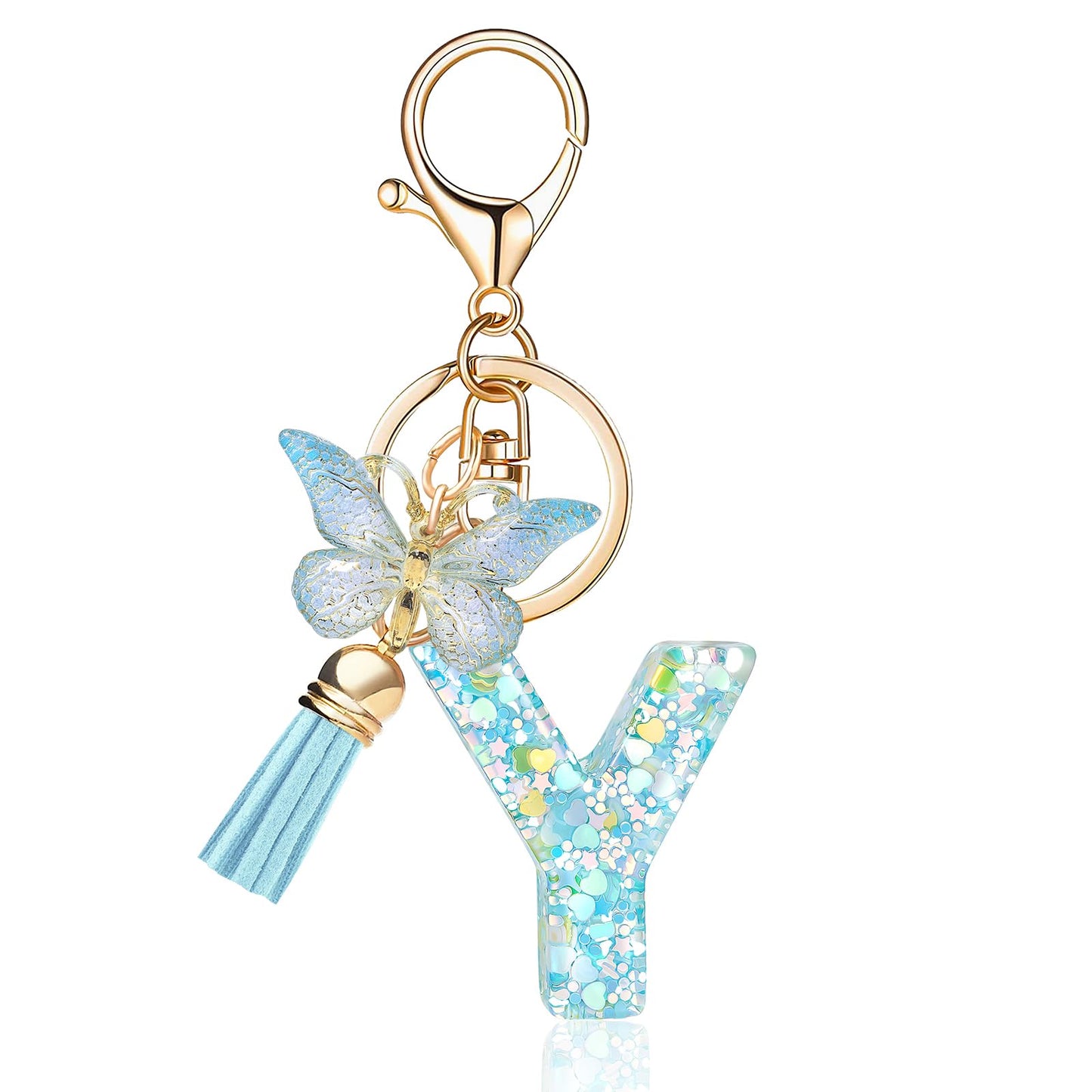 Fashion Alphabet Initial Letter Keychain Tassel Butterfly Pendant Key Ring for Purse Handbags Women Girl
