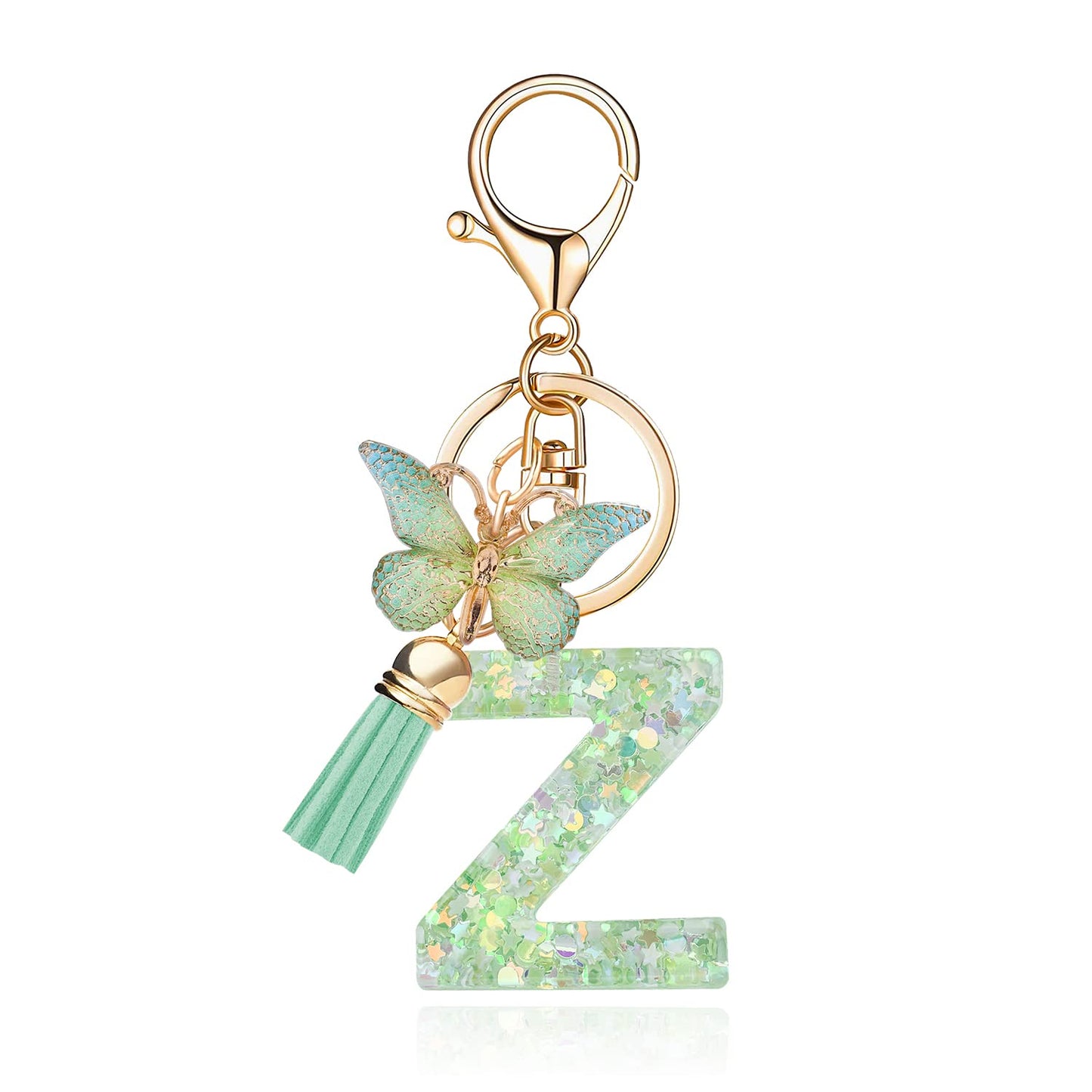 Fashion Alphabet Initial Letter Keychain Tassel Butterfly Pendant Key Ring for Purse Handbags Women Girl