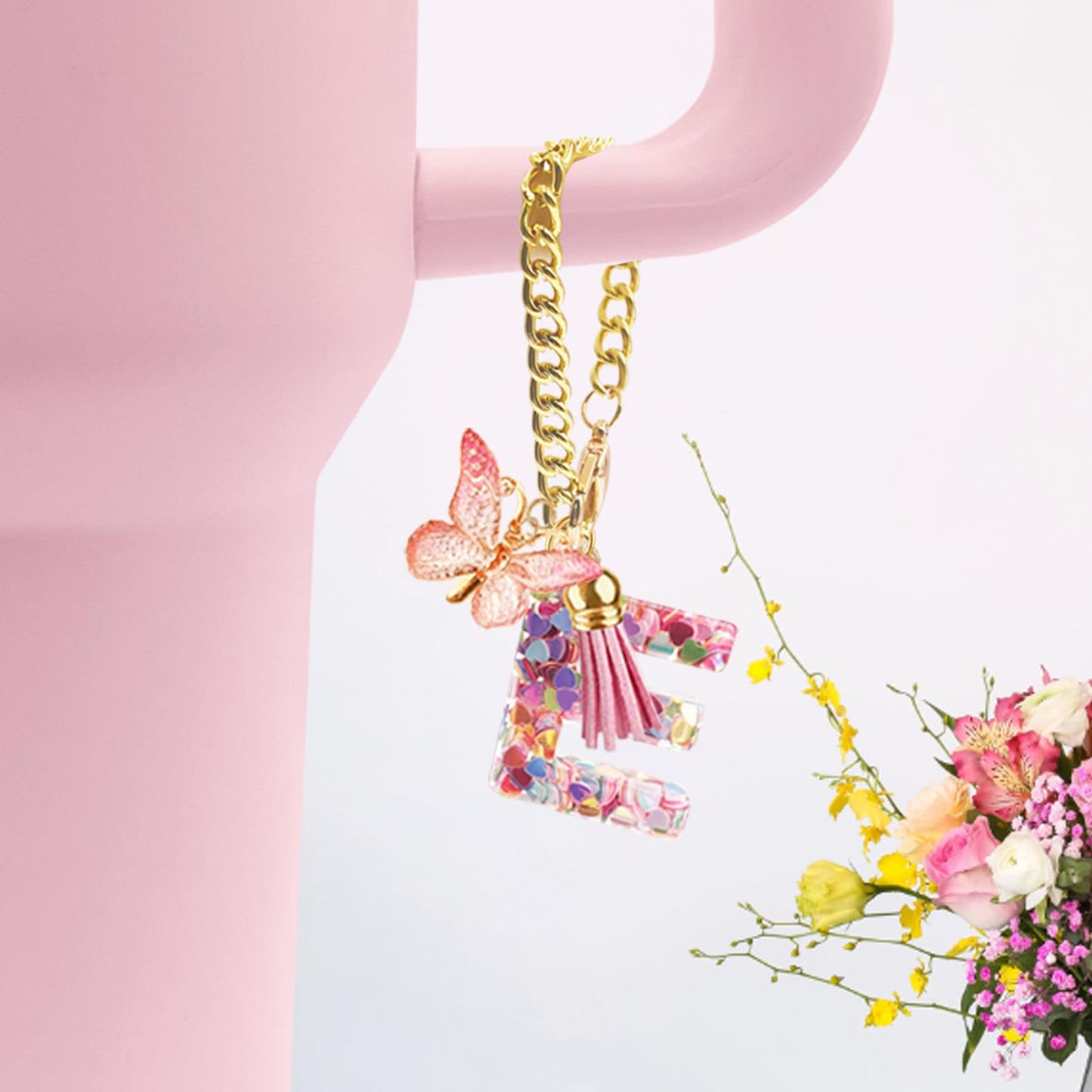 Letter Charm Accessories for Stanley Cup with Handle, Cute Initial Letter A Keychain Handle Charm with Butterfly for Stanley Tumbler for Women Girls