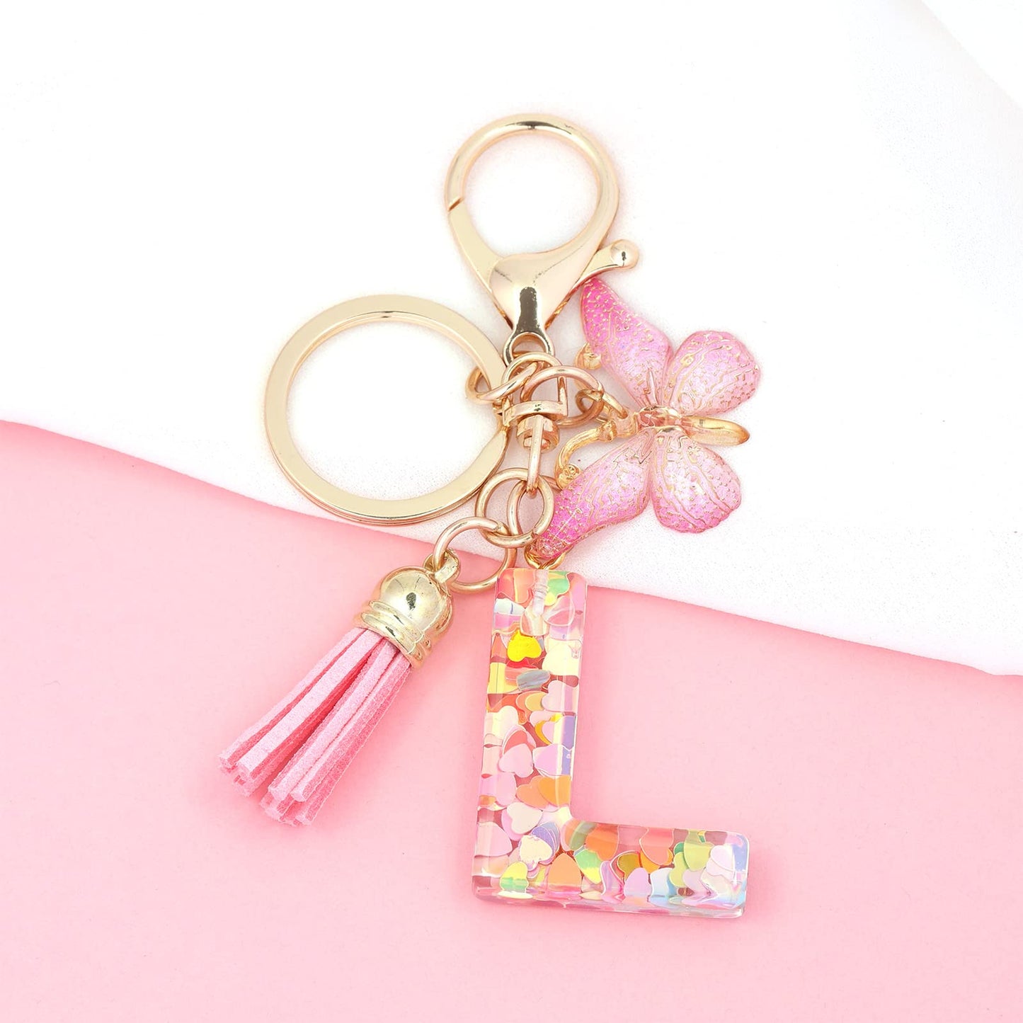 Fashion Alphabet Initial Letter Keychain Tassel Butterfly Pendant Key Ring for Purse Handbags Women Girl