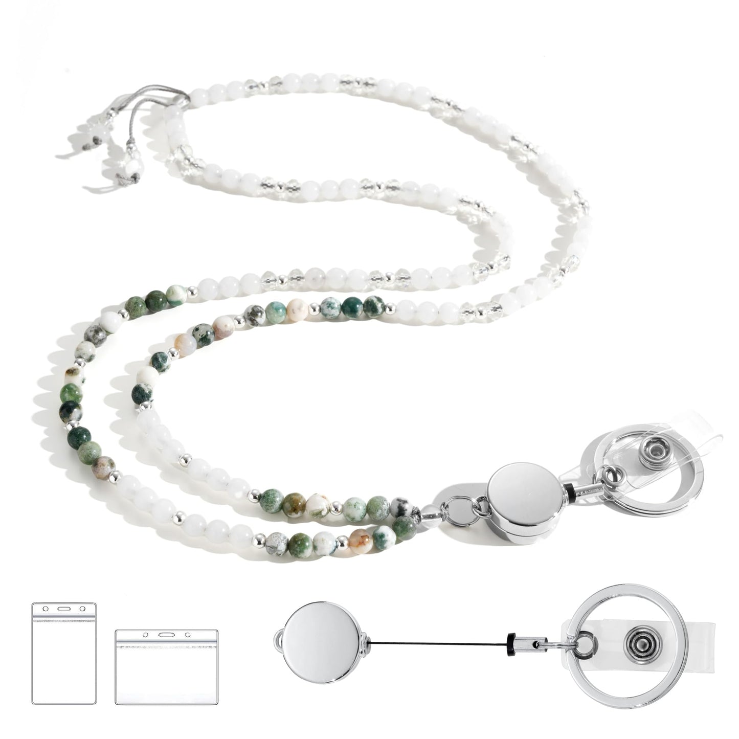 Retractable Lanyards for ID Badges and Keys, Beaded Lanyards for Women Natural Stone, Teacher Lanyard High-Performance Cute Lanyard Morganite