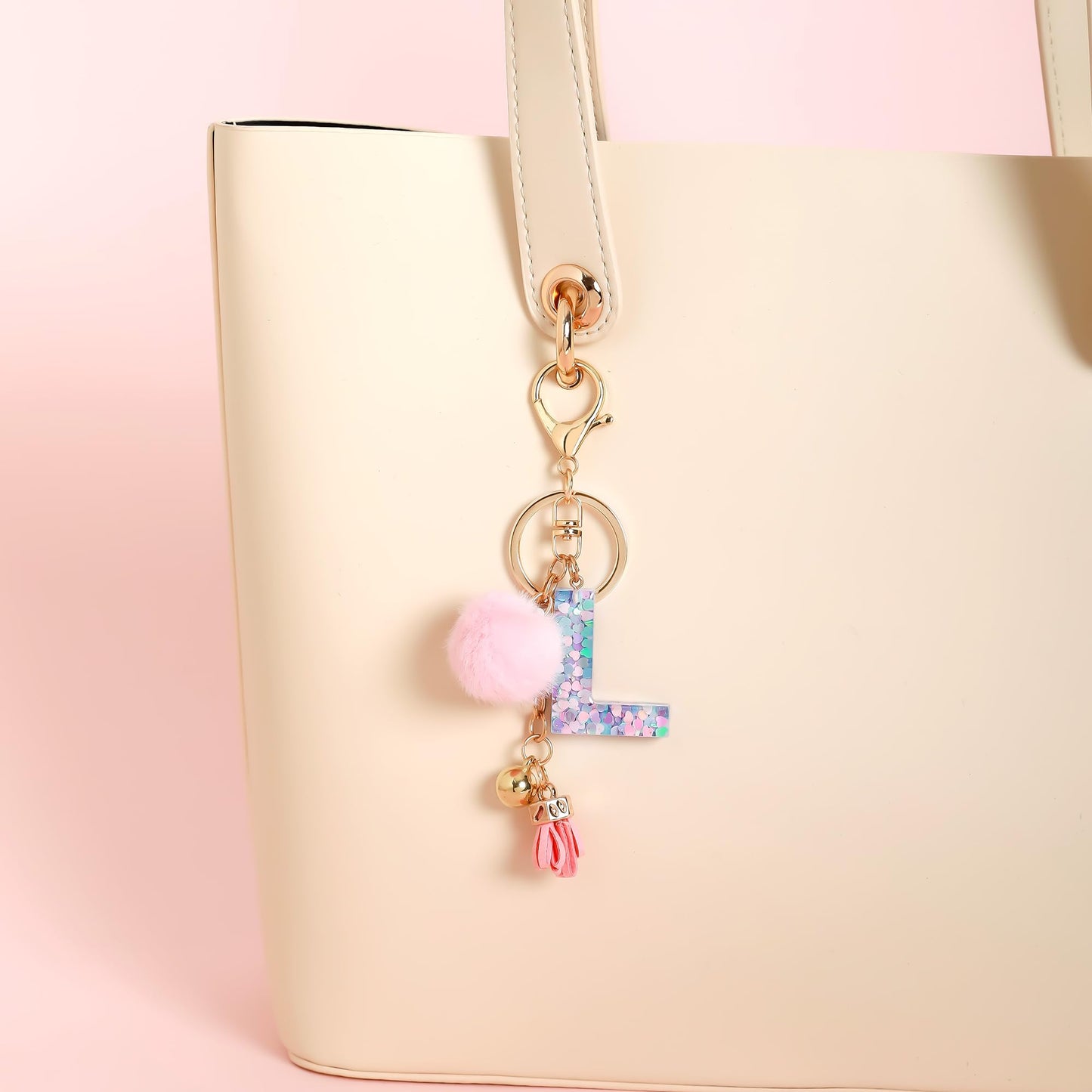 Resin Alphabet Initial Letter Keychain Keyring for Women Purse Handbags With Fur Ball Pom